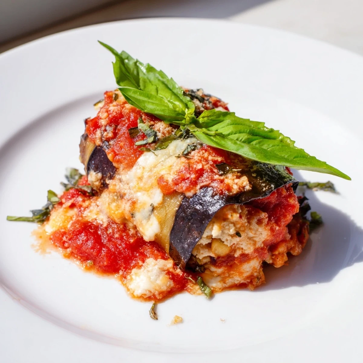 Warm, creamy-filled Baked Eggplant Rollatini with a bubbly tomato sauce and fresh basil on top.