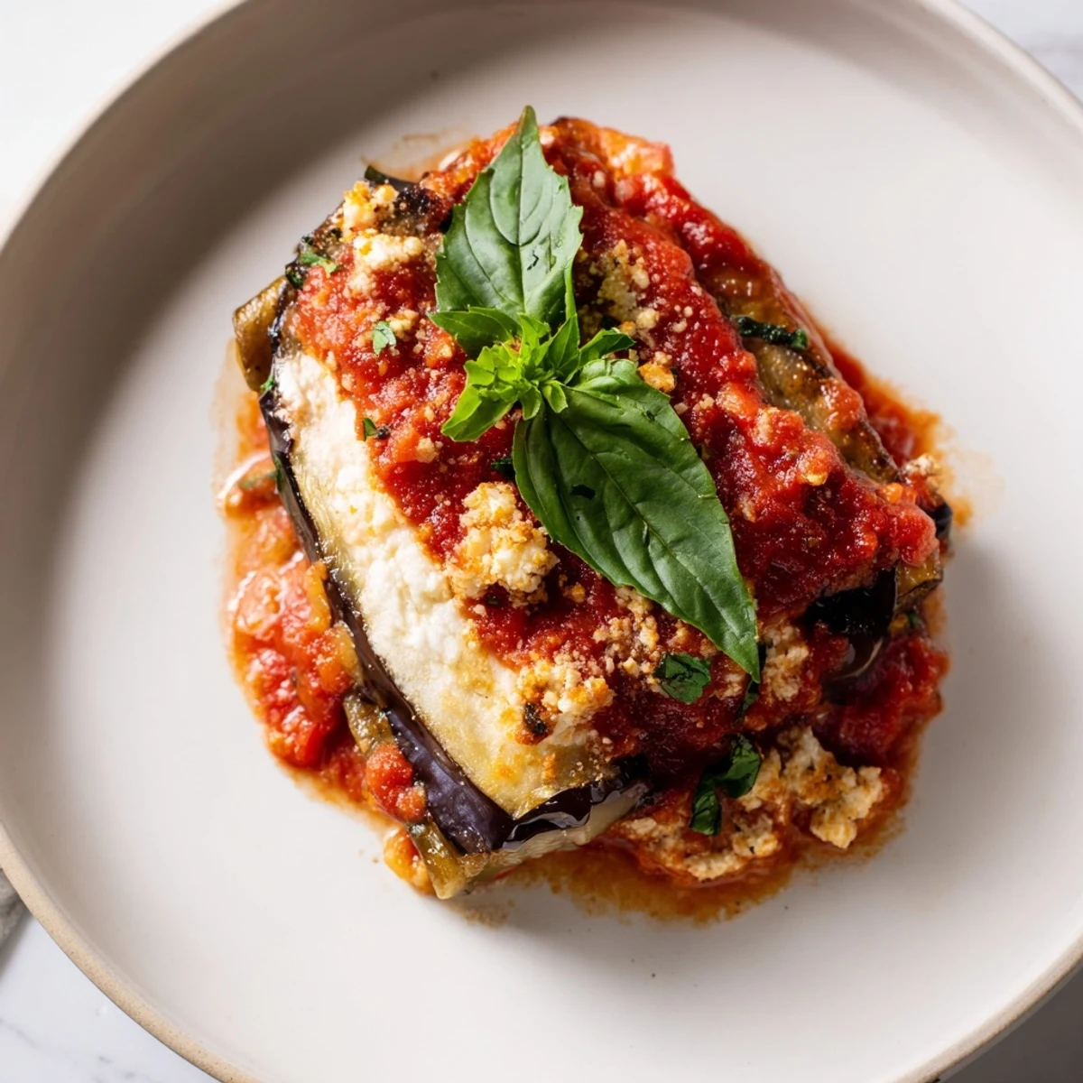 Baked Eggplant Rollatini, glistening with melted cheese, is a comforting Italian vegetarian dish.