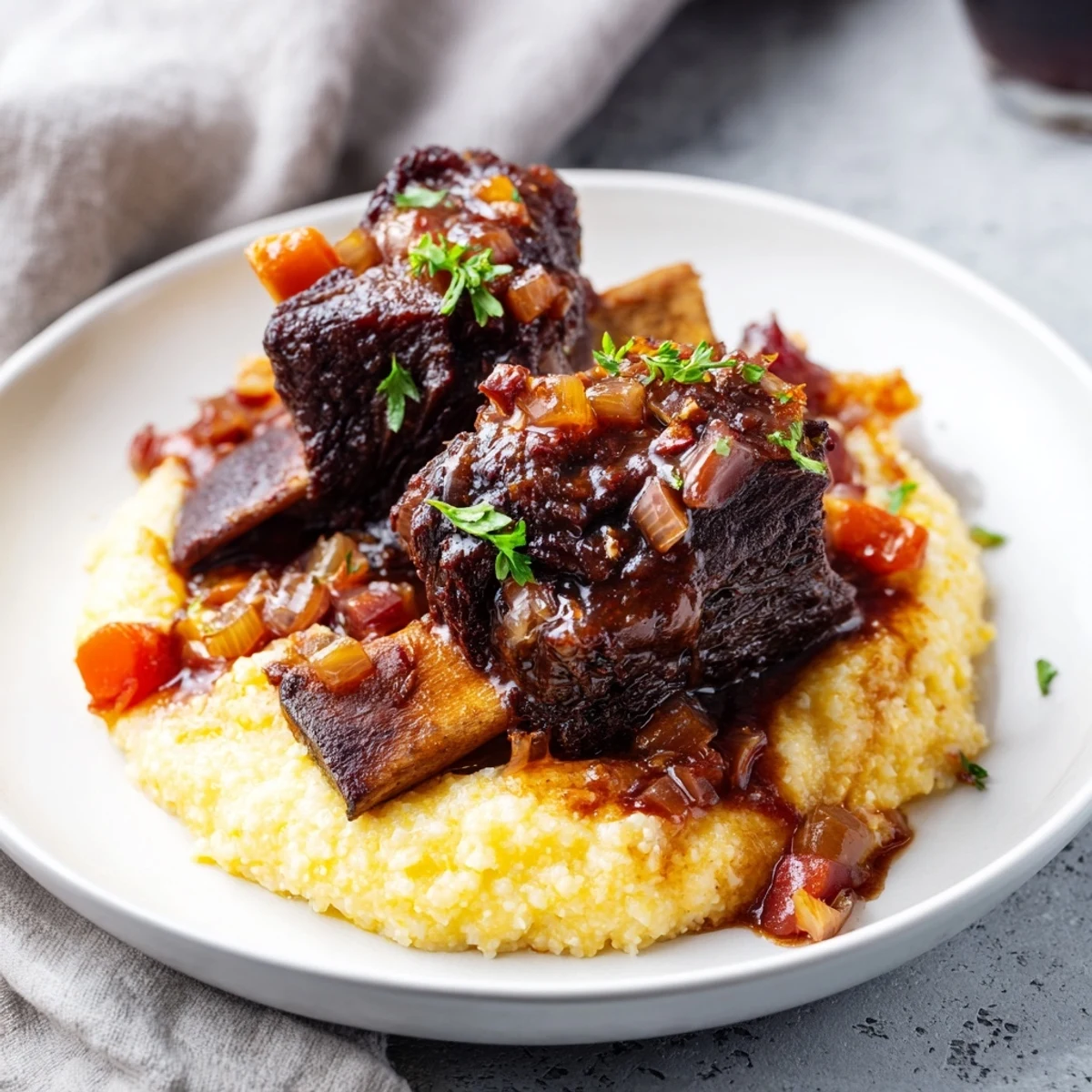 Fork-tender braised beef short ribs glistening in sauce, served atop smooth, creamy polenta.