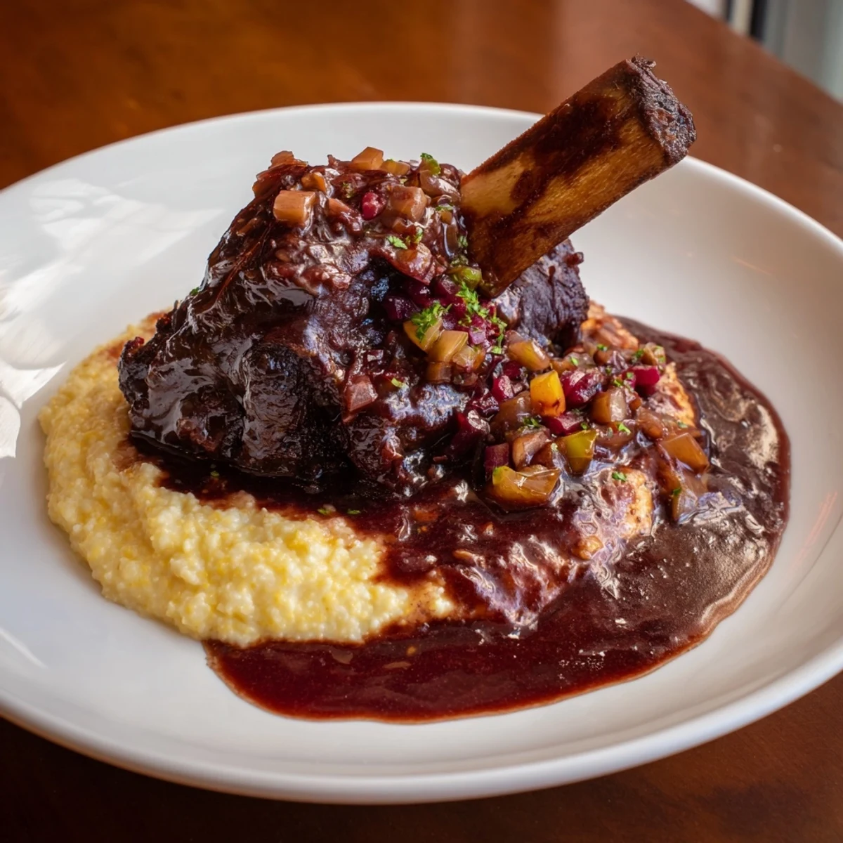 Warm, appetizing aroma of creamy polenta with braised beef short ribs, a comforting meal.