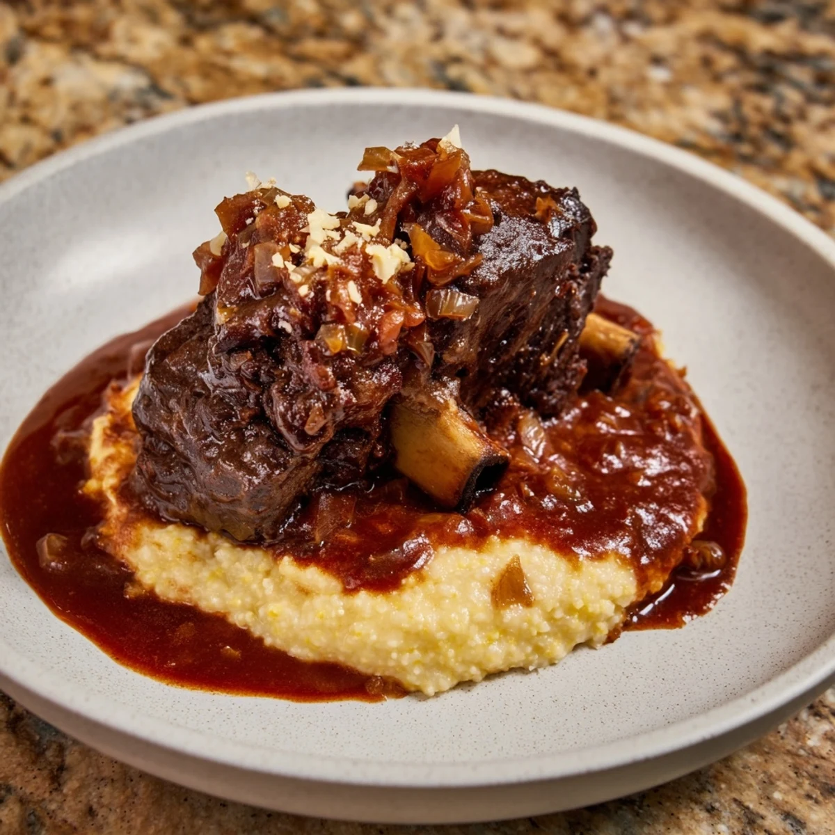 A close-up view of creamy polenta blanketed in rich red wine braised short ribs.