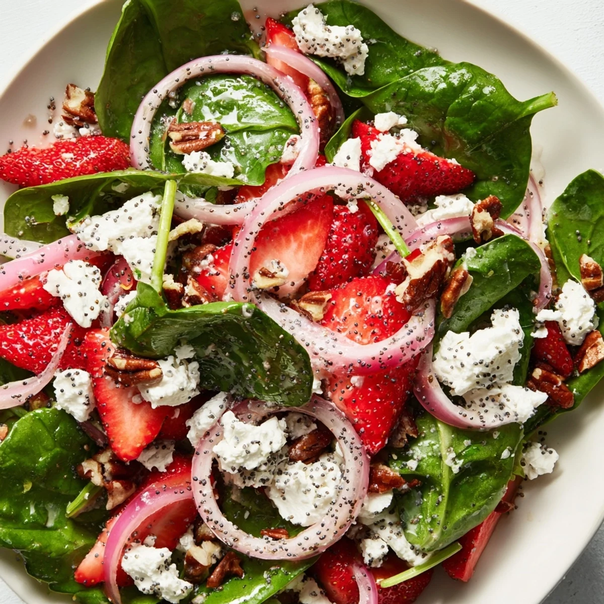 Fresh, colorful Strawberry Spinach Salad with sweet strawberries and tangy poppy seed dressing, ready to enjoy.