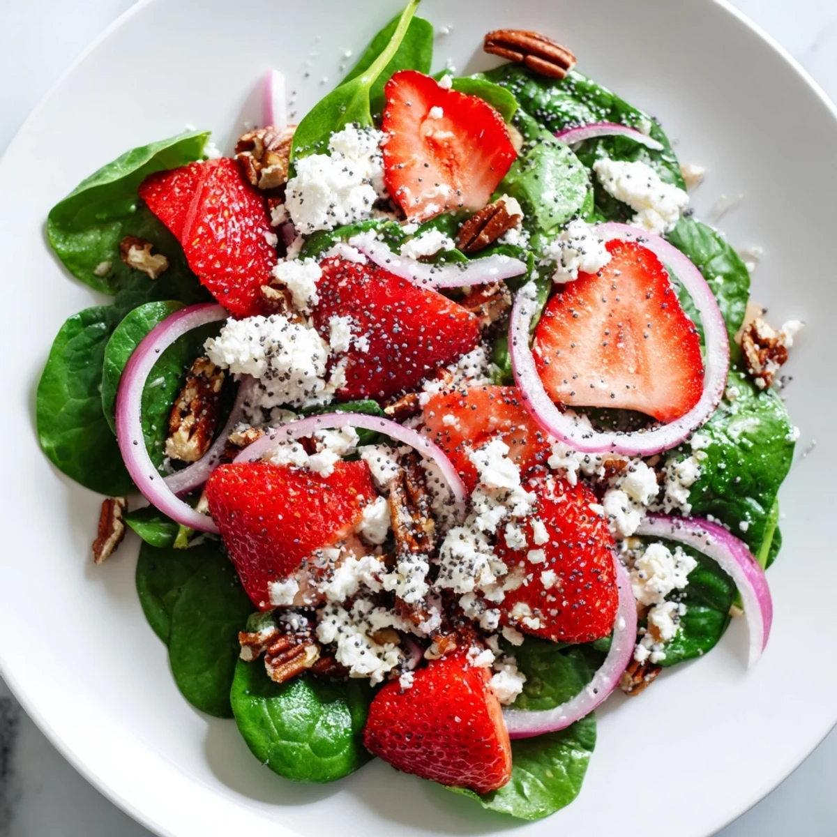 A vibrant photo of a Strawberry Spinach Salad, featuring strawberries, feta, and a creamy poppy seed dressing.