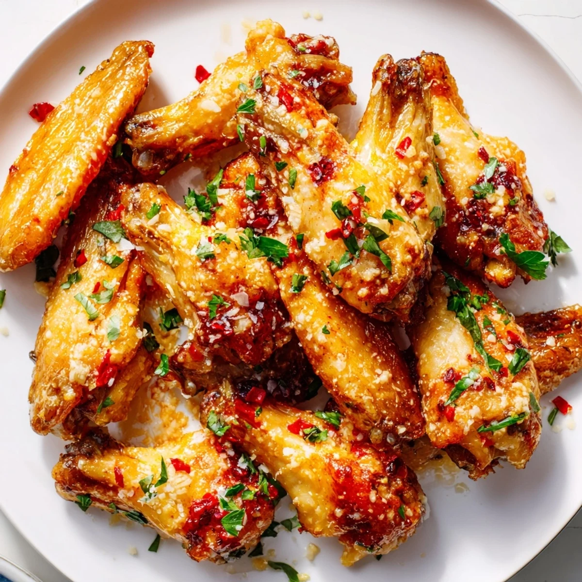 Crispy air fryer garlic parmesan chicken wings, glistening with melted butter and fresh parsley, delicious!