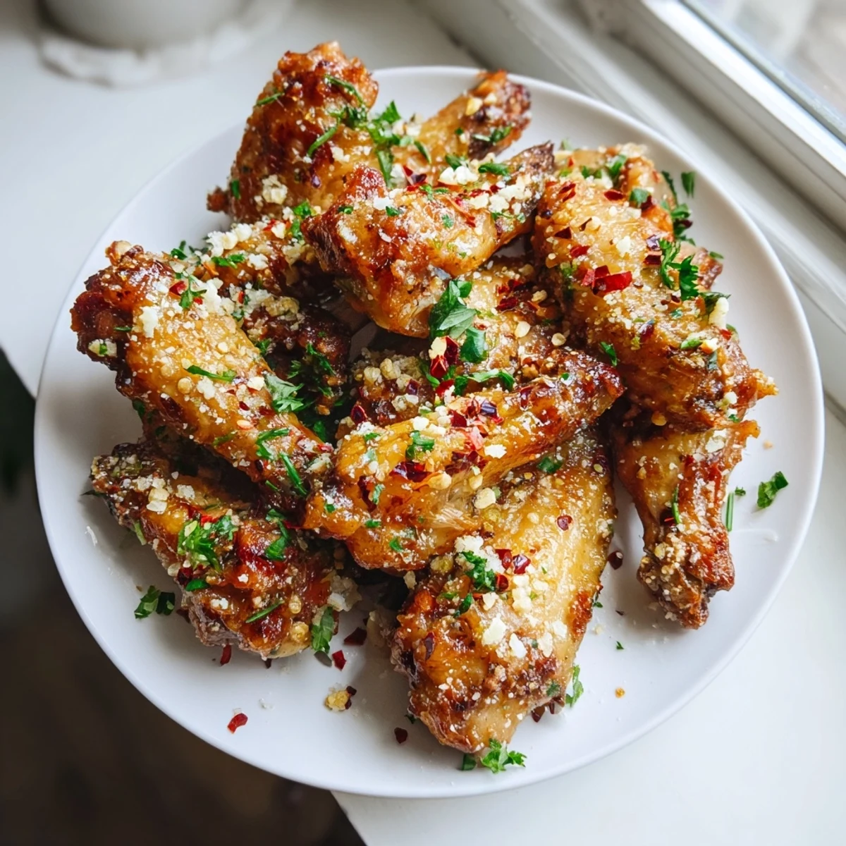 Golden-brown air fryer garlic parmesan chicken wings, perfect for a flavorful game-day appetizer.