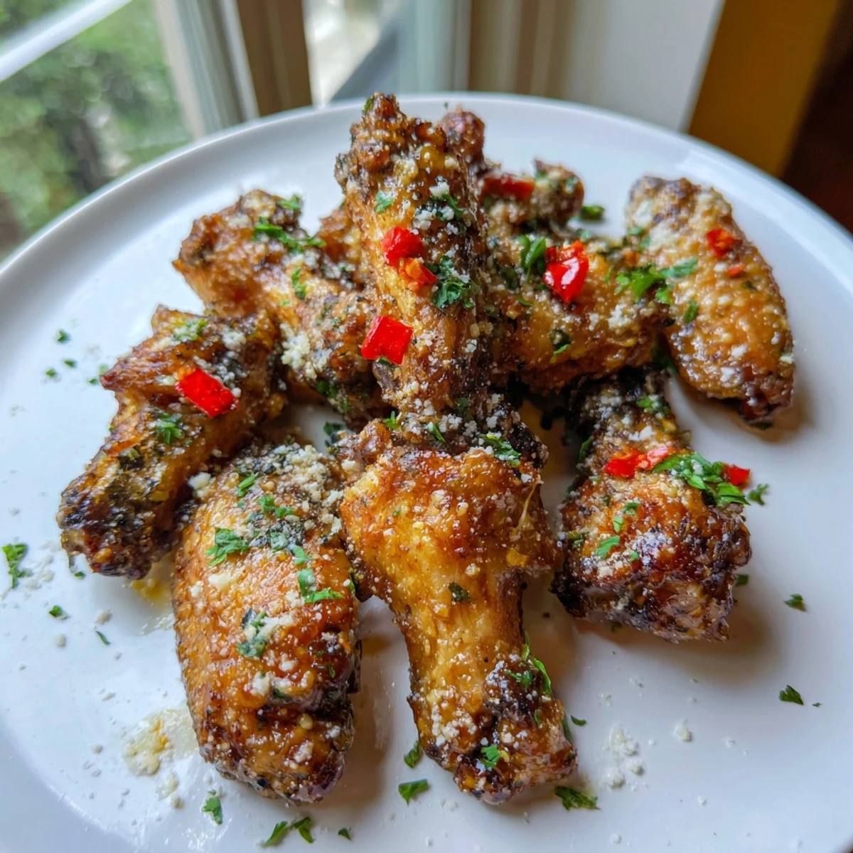 Tender and juicy air fryer garlic parmesan chicken wings ready to be served with ranch dressing.