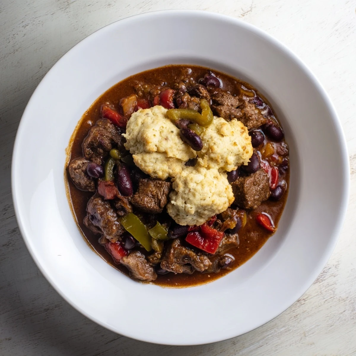 Steaming hot beef chili with cornbread dumplings, a cozy bowl of American comfort food ready to eat.