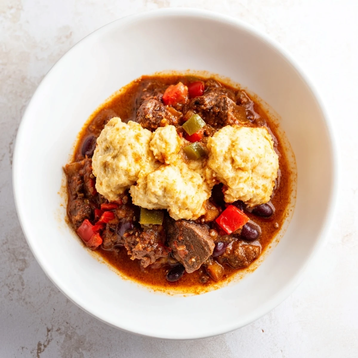 Close-up photo of the finished beef chili, fluffy cornbread dumplings sitting atop a rich, savory stew.