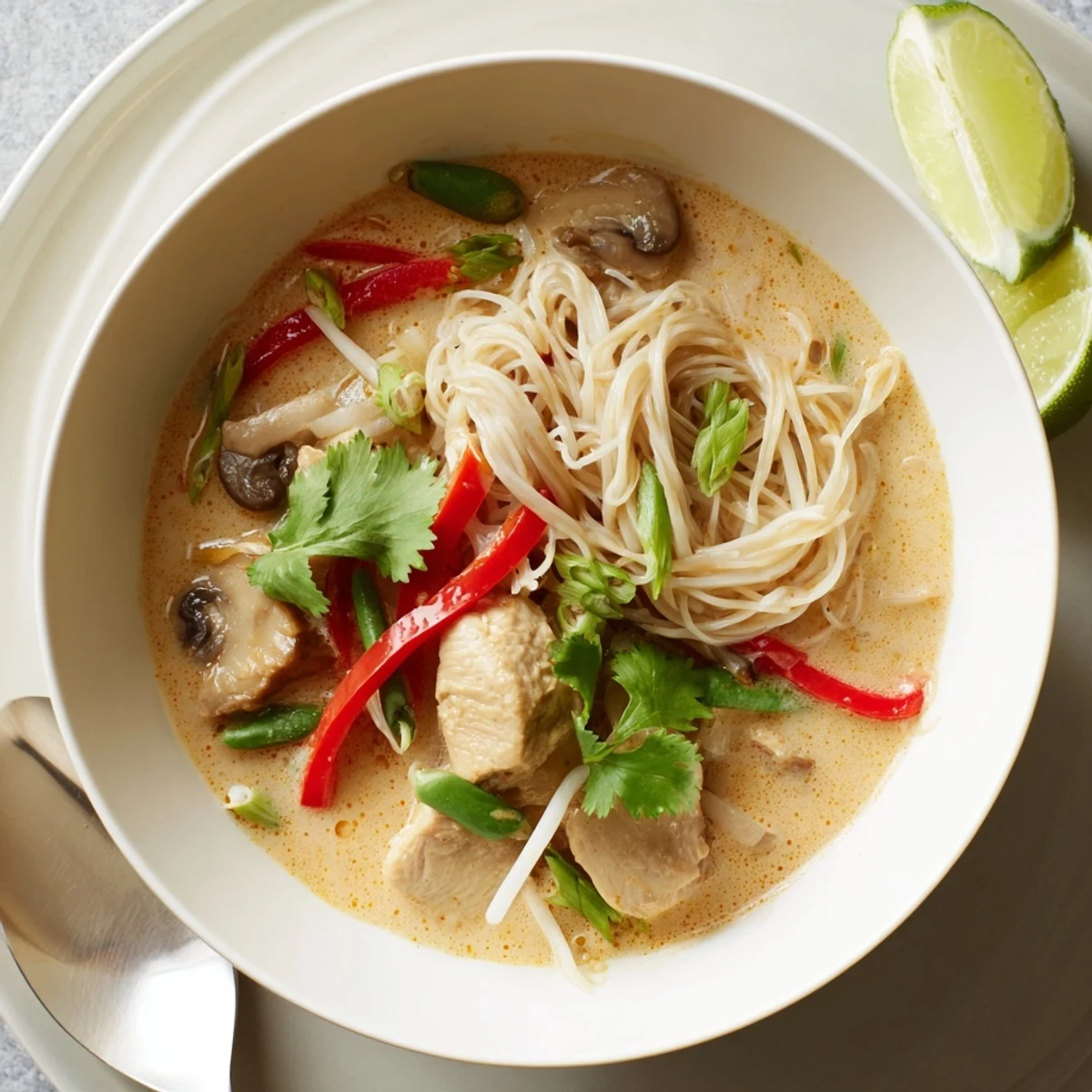 Steaming bowl of Thai Red Curry Noodle Soup with chicken, garnished with fresh cilantro and lime wedges.