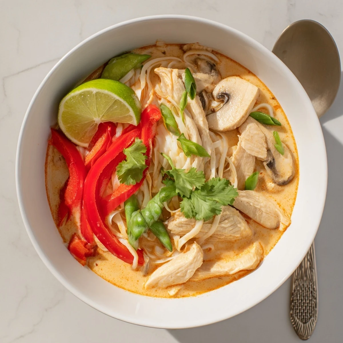 Aromatic Thai Red Curry Noodle Soup with chicken, featuring tender chicken, rice noodles, and creamy coconut milk.