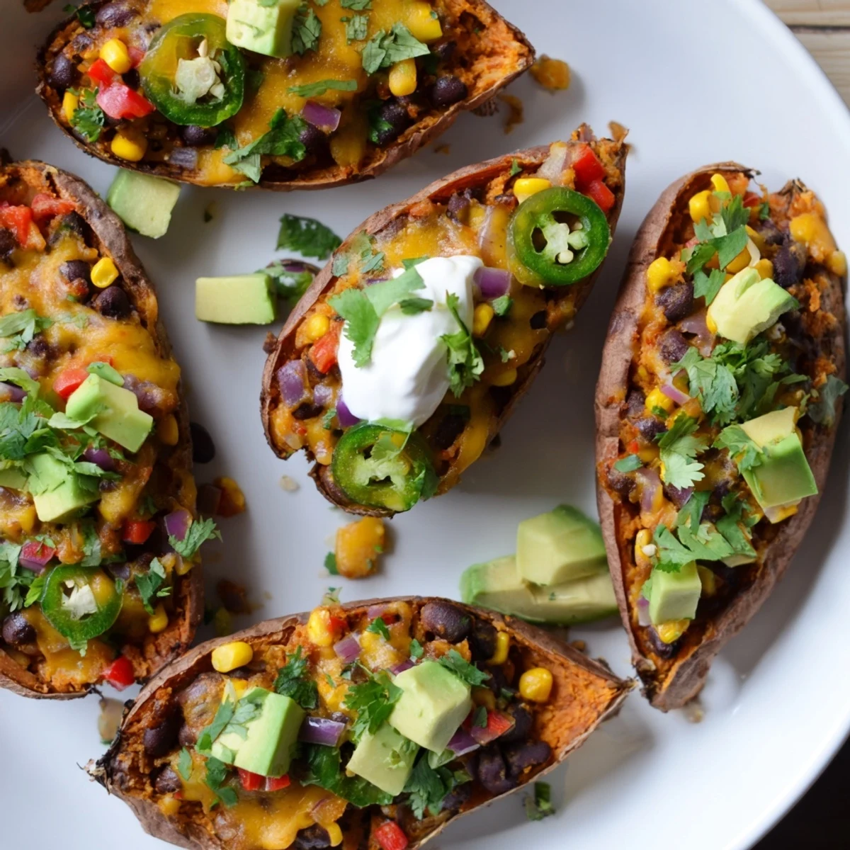 Golden, crispy Loaded Sweet Potato Skins filled with black beans and melted cheese aroma.