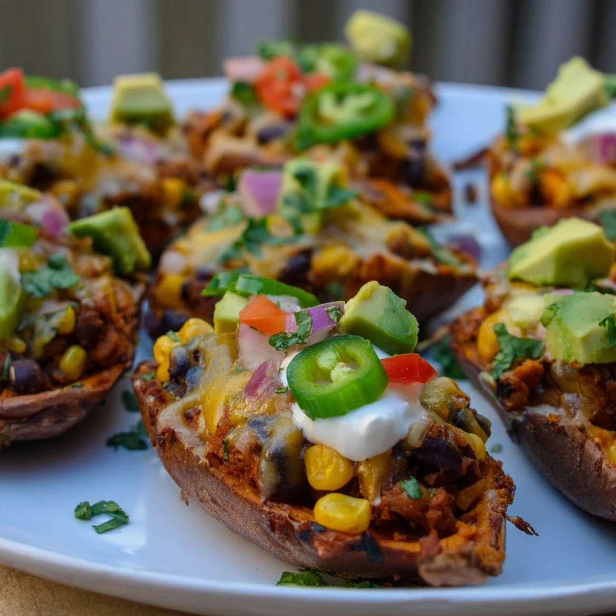 Savory Loaded Sweet Potato Skins with a Tex-Mex black bean filling, perfect appetizer visual.