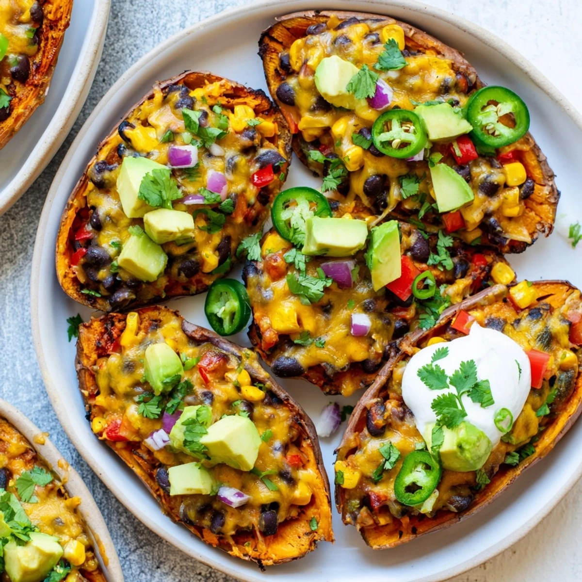 Delicious, cheesy Loaded Sweet Potato Skins; a colorful plate with fresh garnishes is ready.