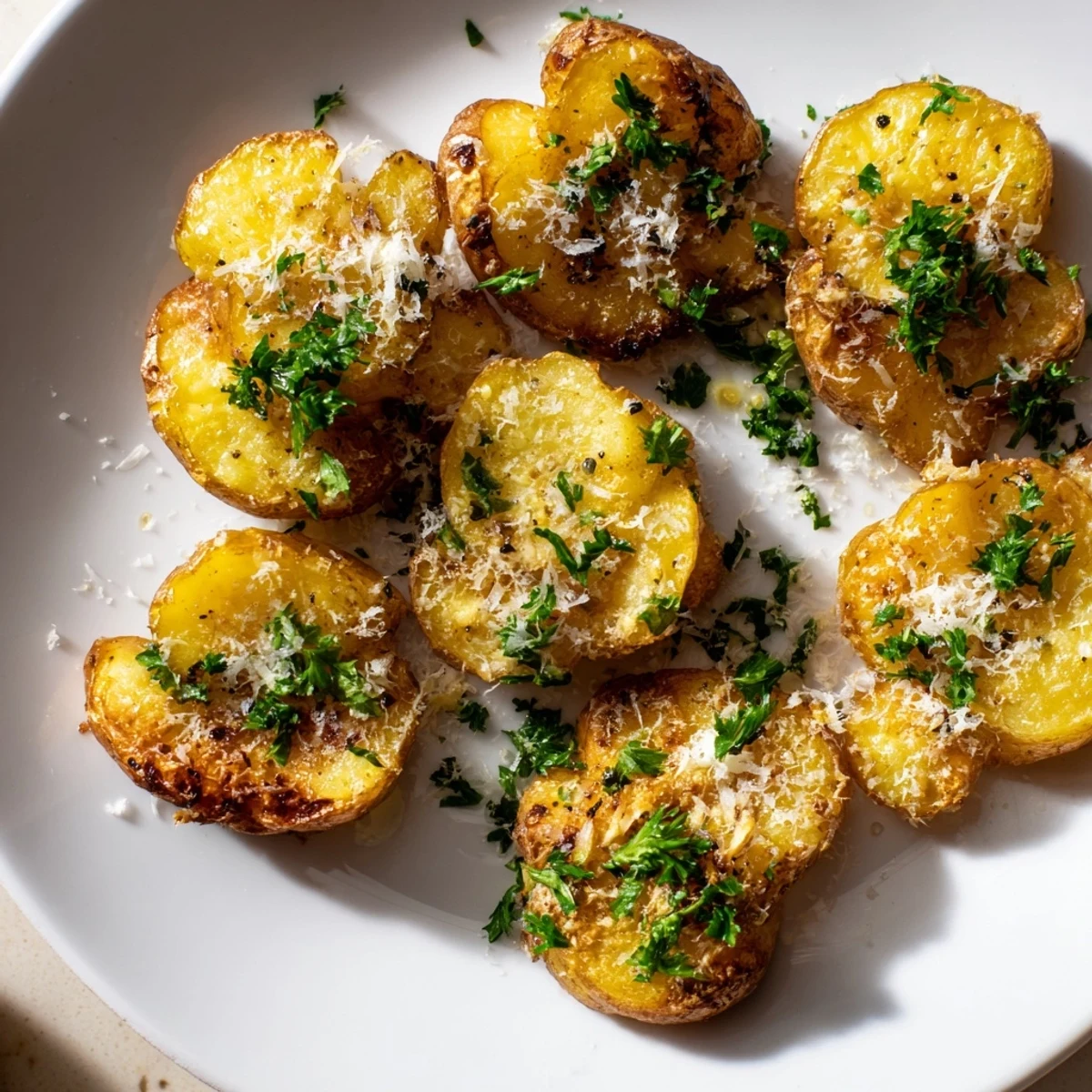 Golden brown Garlic Parmesan Smashed Potatoes, garnished with fresh parsley and ready to serve.