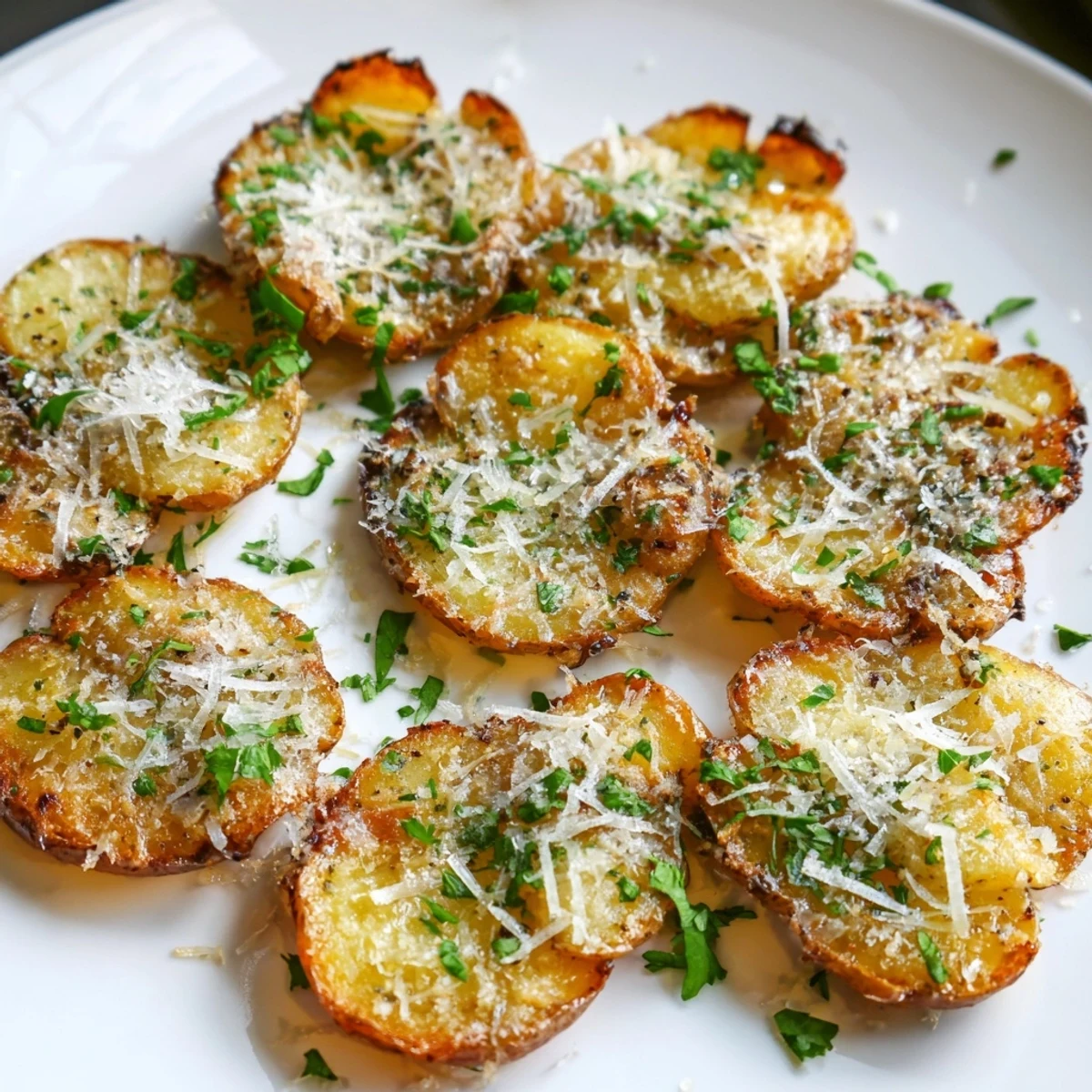Tender, crispy-edged Garlic Parmesan Smashed Potatoes—the perfect side dish, hot from the oven.