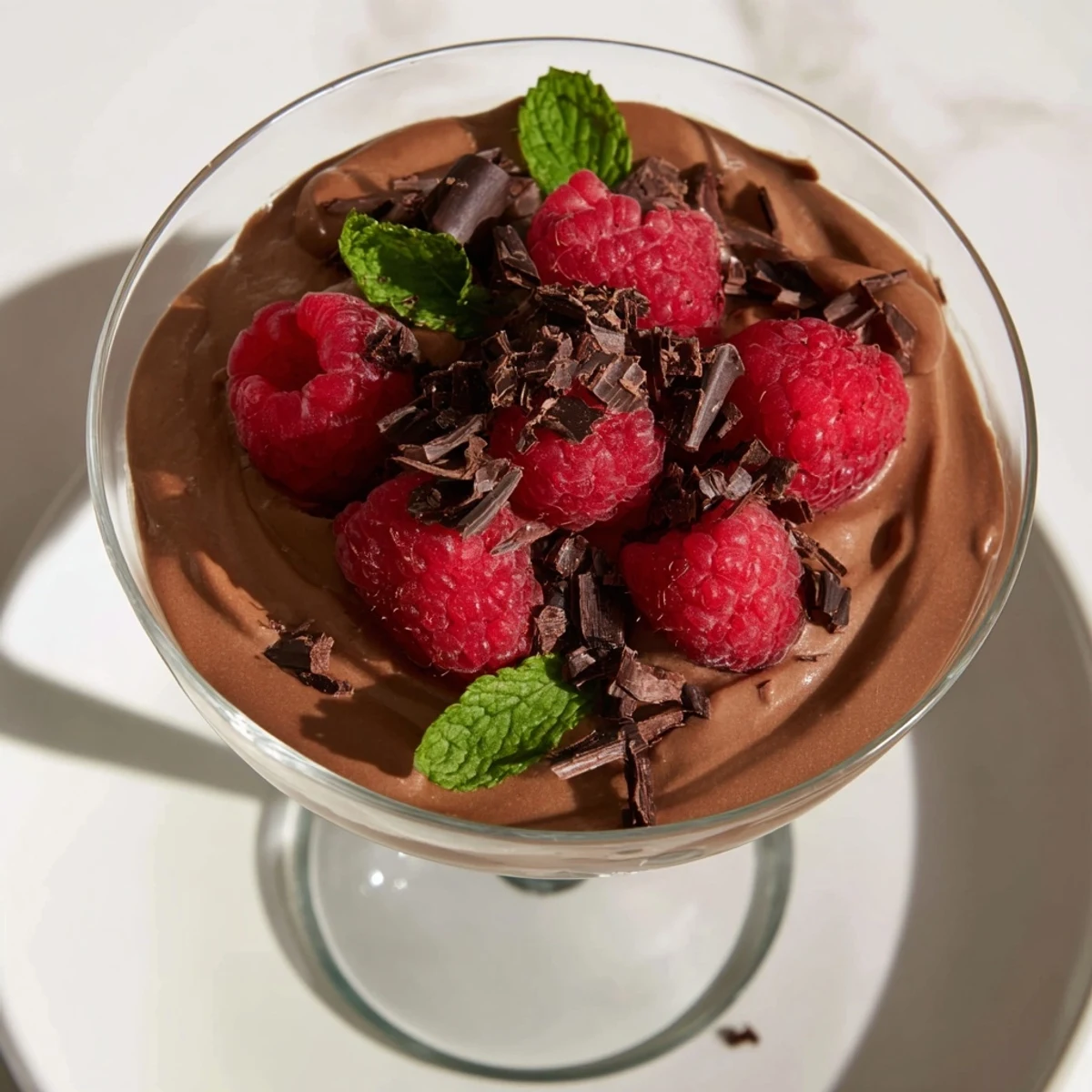 Creamy chocolate avocado mousse with fresh raspberries, a healthy and decadent dessert.