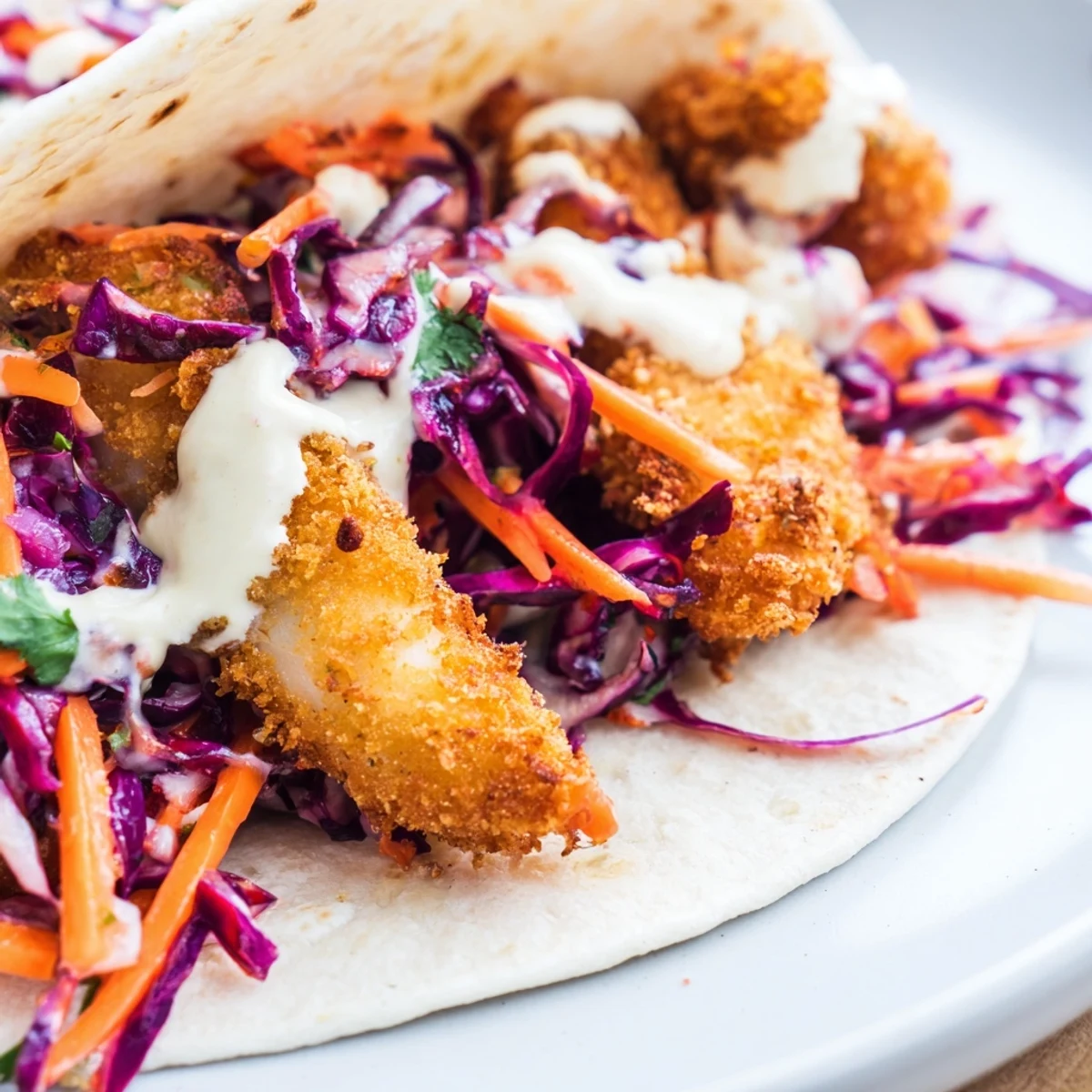 Golden, crispy fish fillets on warm tortillas topped with vibrant red cabbage slaw and drizzled with zesty crema.