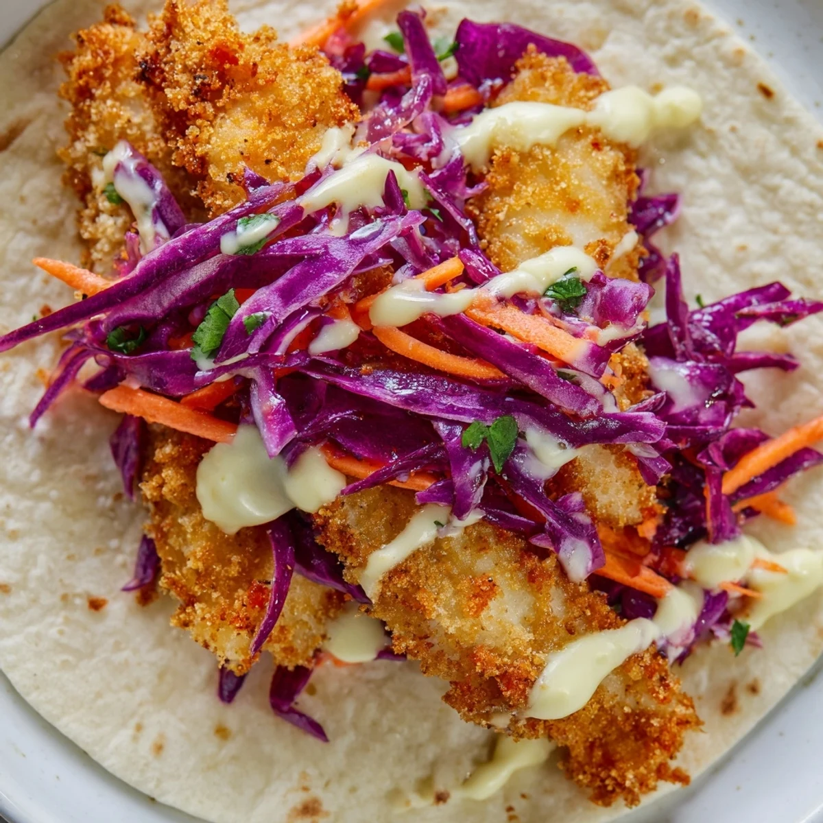 Crispy Fish Tacos with Red Cabbage Slaw garnished with fresh cilantro and lime wedges on a rustic wooden table.