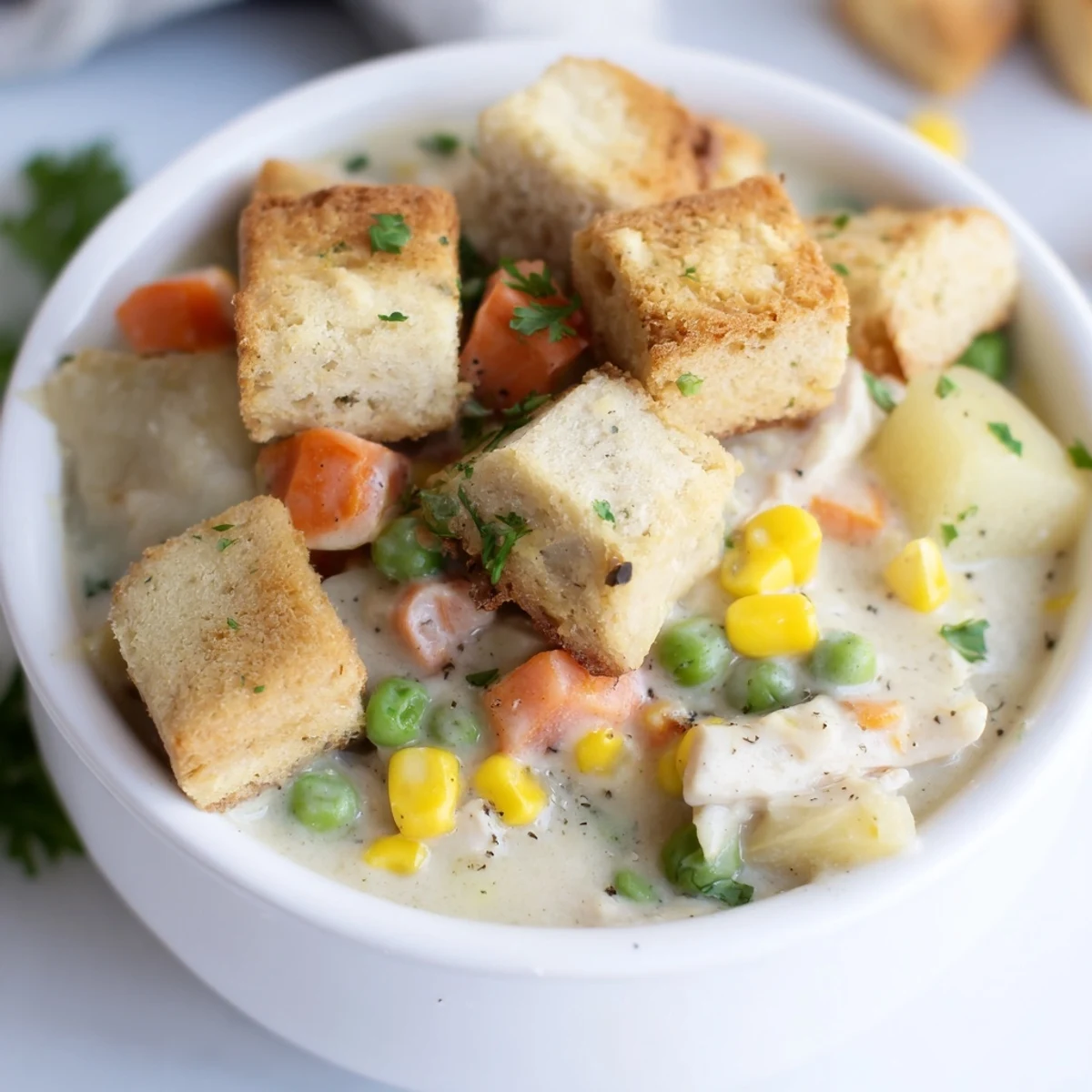 Creamy Chicken Pot Pie Soup with Biscuit Croutons in a rustic bowl, topped with golden brown squares and fresh thyme garnish.