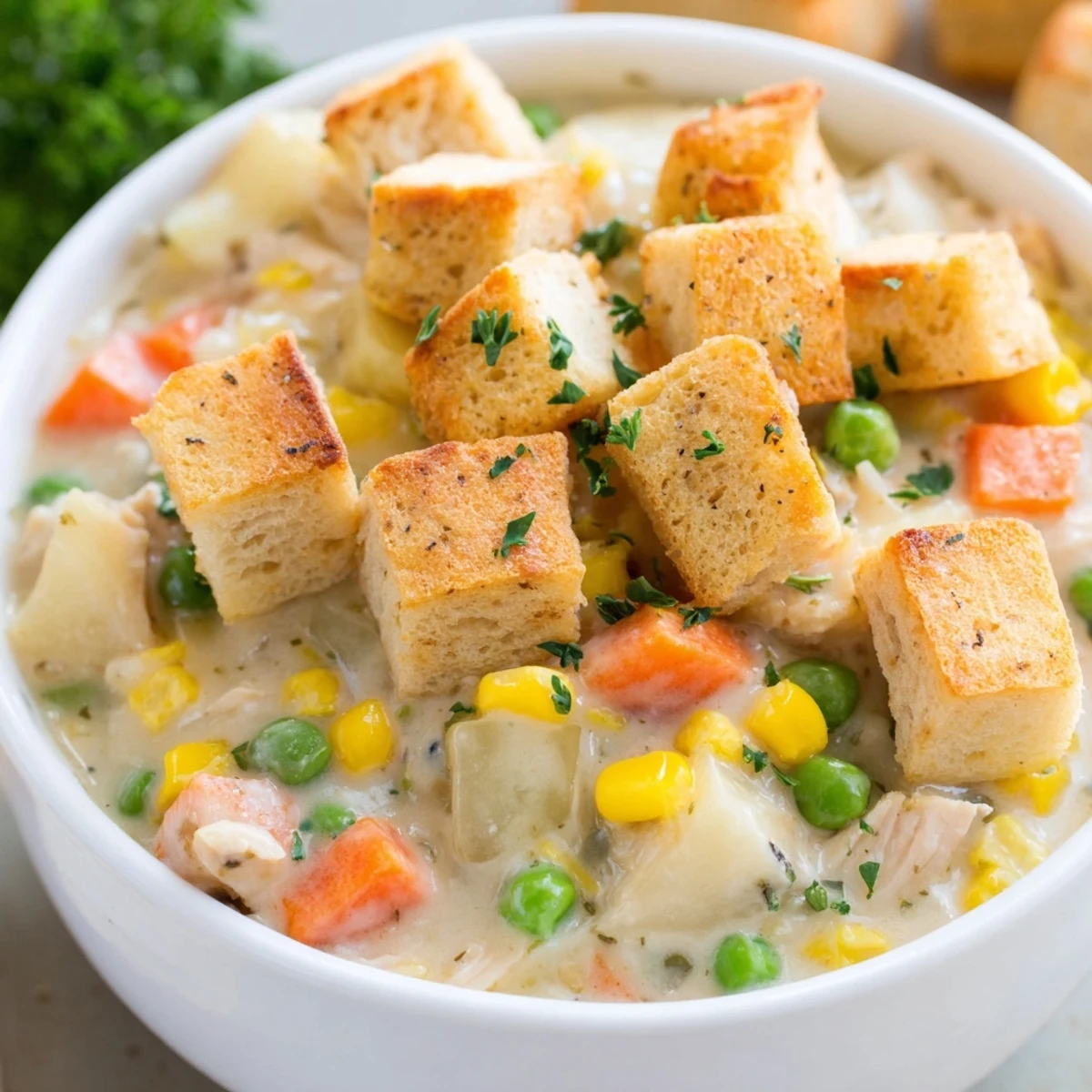 Spoon dipping into rich Chicken Pot Pie Soup with Biscuit Croutons, revealing tender chicken, peas, corn, and diced potatoes.