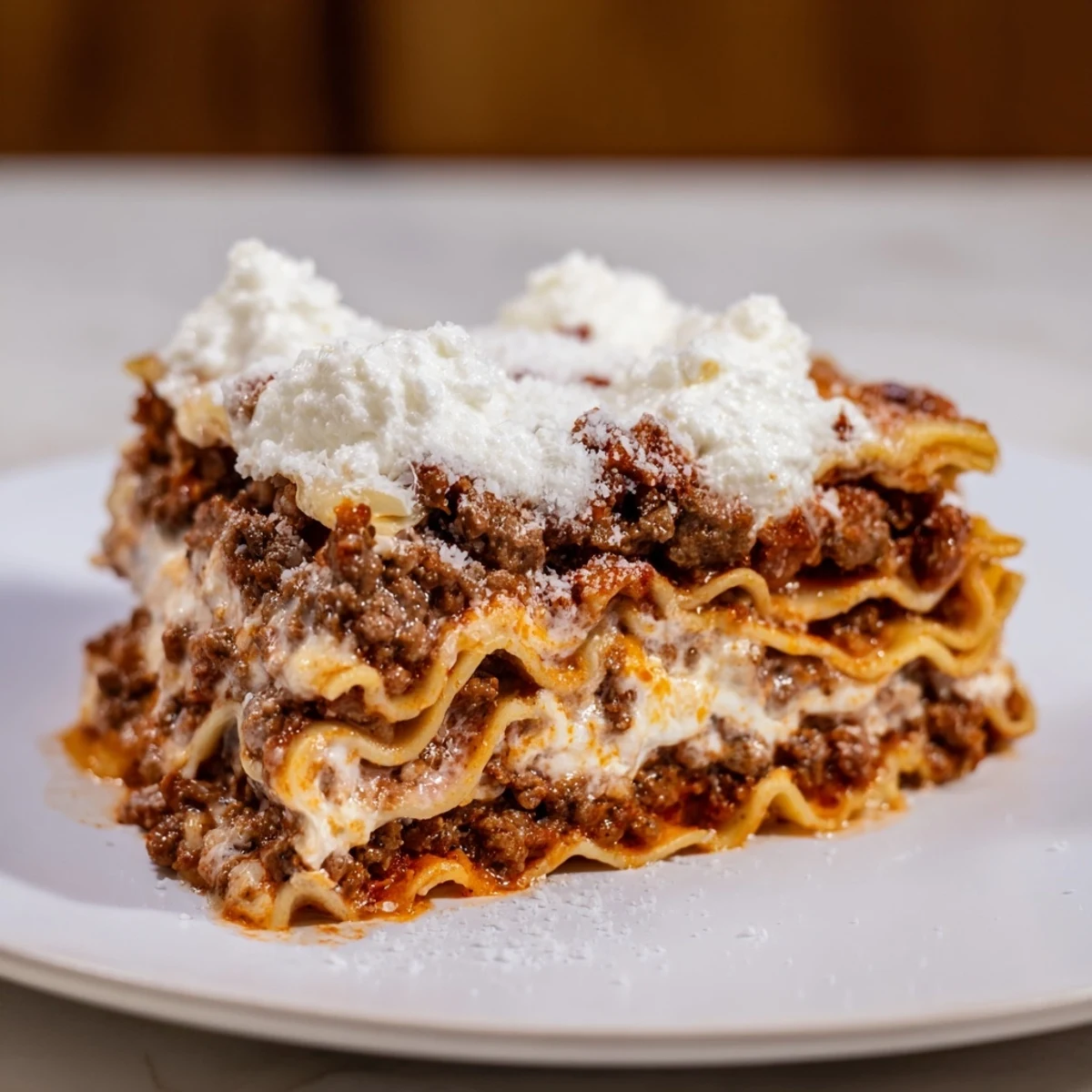 Golden slices of Classic Beef Lasagna served on a white plate with a fresh green salad beside it.