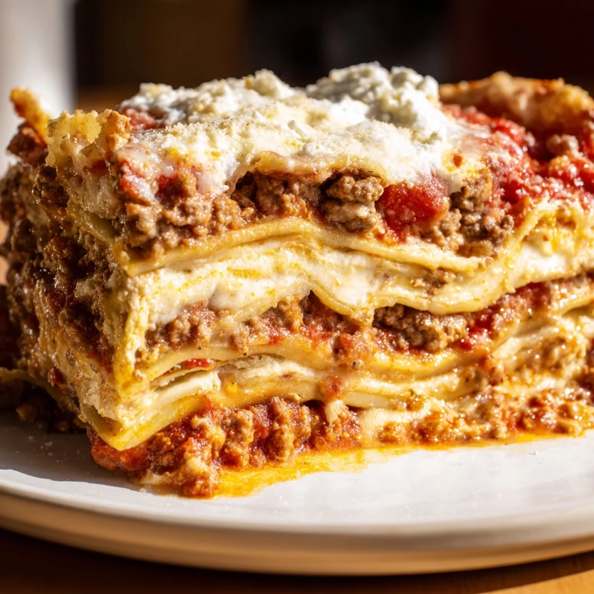 Freshly baked Classic Beef Lasagna with homemade meat sauce bubbling with melted mozzarella and golden Parmesan.