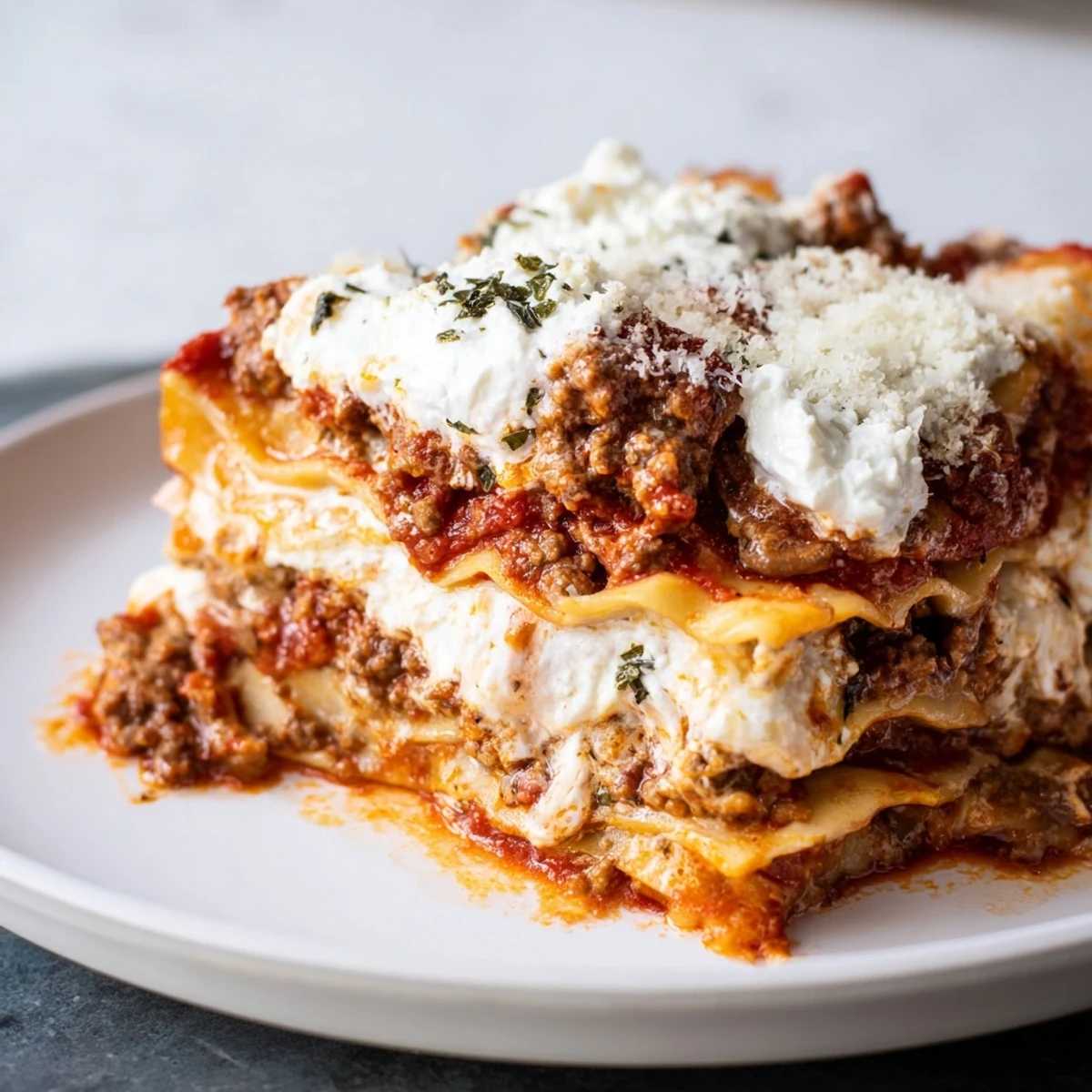 A close-up of Classic Beef Lasagna revealing rich meat sauce layers, creamy béchamel, and melted cheese.