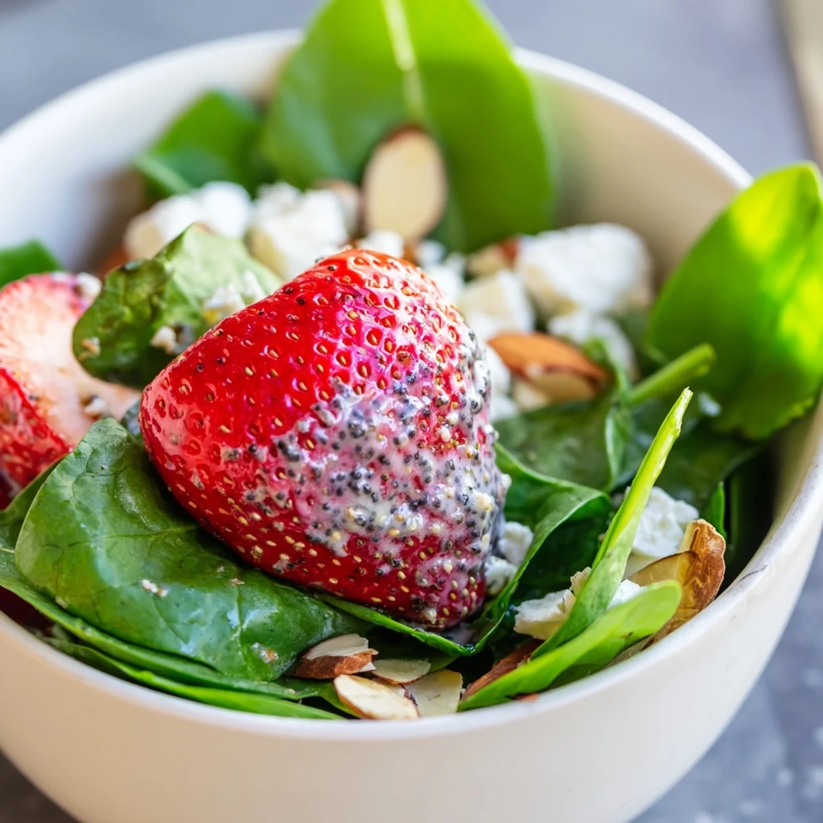 Fresh strawberries and creamy feta brighten this Strawberry Spinach Salad with Poppy Seed Dressing served on a white plate.