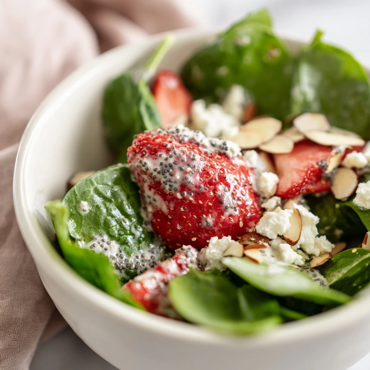 Toasted almonds add crunch to a vibrant bowl of Strawberry Spinach Salad with Poppy Seed Dressing for summer.