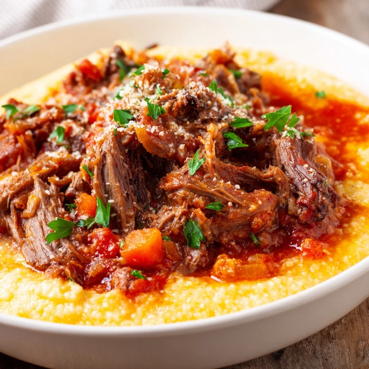 A hearty serving of Slow Cooker Beef Ragu with Polenta, featuring tender, slow-cooked beef chunks in a rich, savory tomato sauce served over creamy, buttery cornmeal.