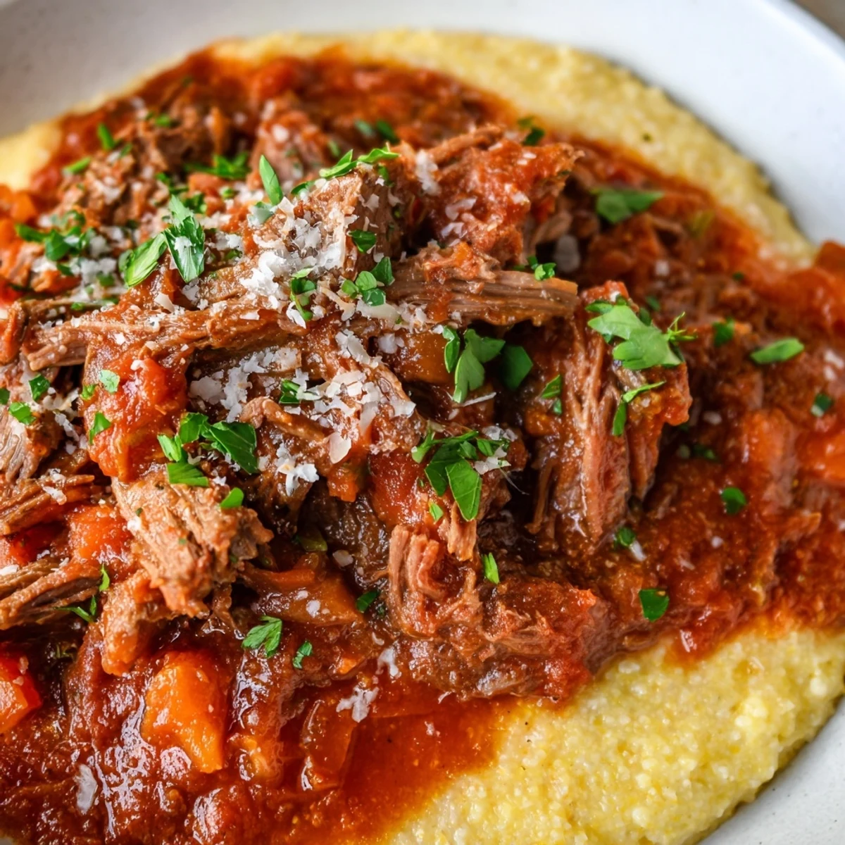 Fork-tender Slow Cooker Beef Ragu with Polenta in a white dish, garnished with fresh parsley and grated Parmesan, showcasing the hearty, comforting Italian-inspired meal.