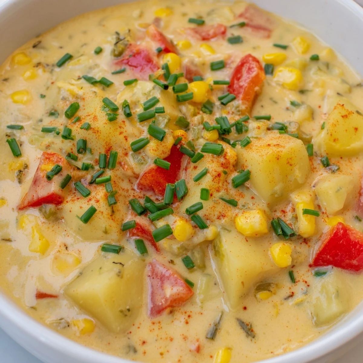 Creamy Corn Chowder with Red Peppers steaming in a rustic bowl, topped with fresh chives and a drizzle of cream.