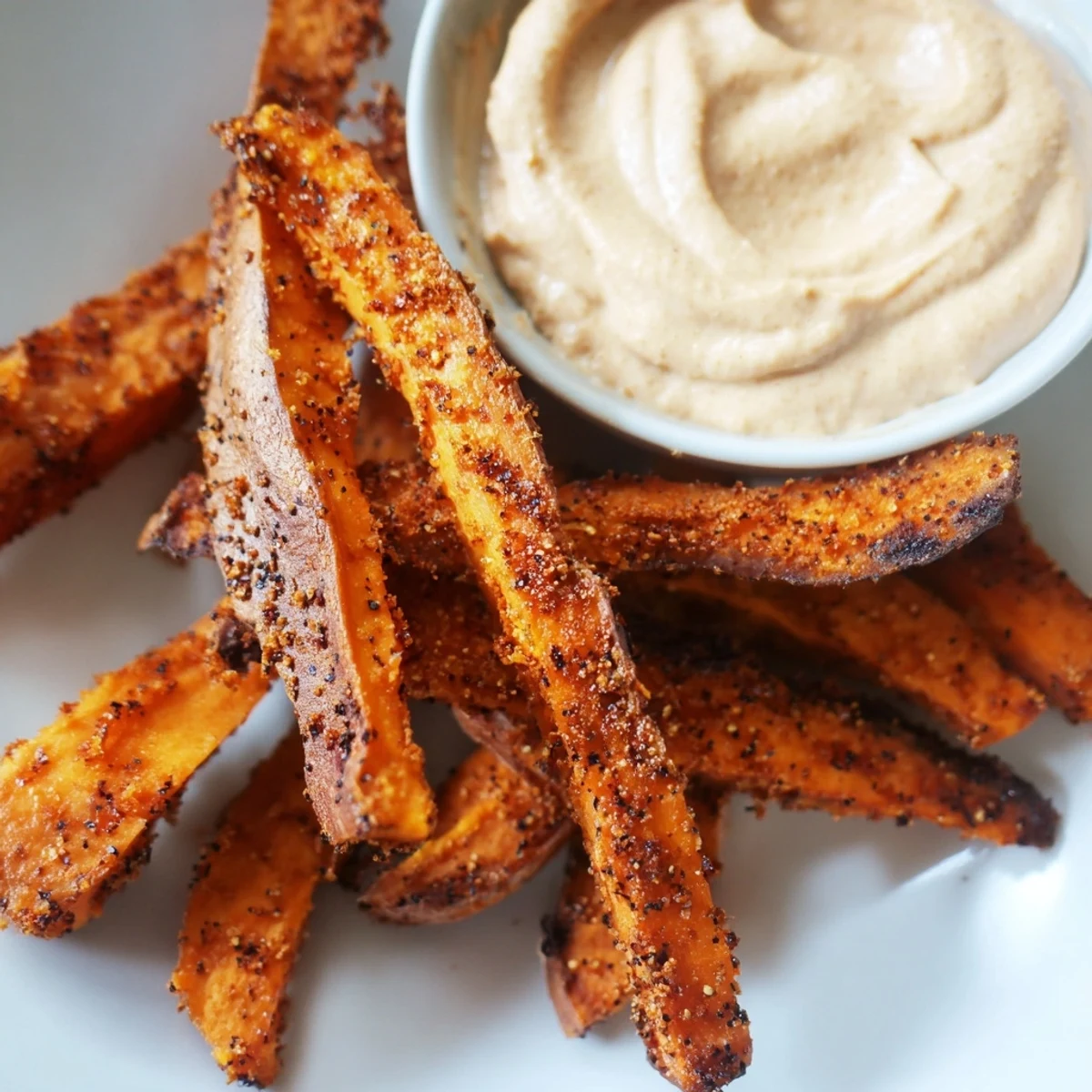 Golden brown roasted sweet potato fries with chipotle mayo, served hot on a rustic platter with fresh lime wedges.