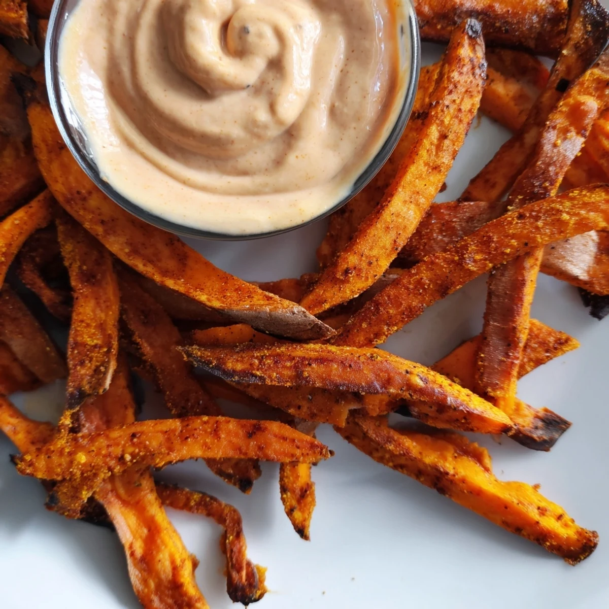 Crispy oven roasted sweet potato fries with chipotle mayo, drizzled with smoky adobo sauce for dipping.