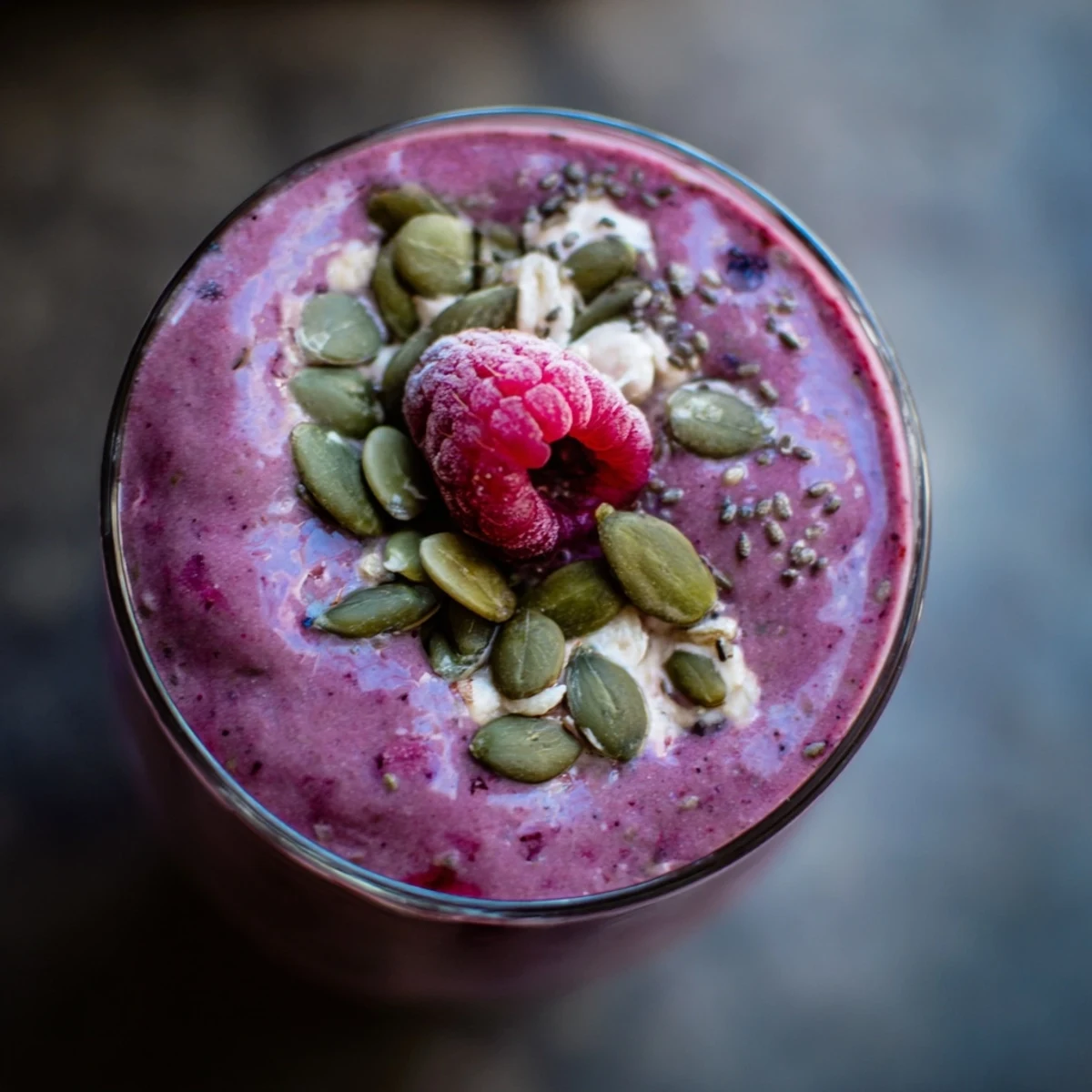 A close-up of a Winter Berry Smoothie with Spinach in a glass, topped with pumpkin seeds and fresh berries.