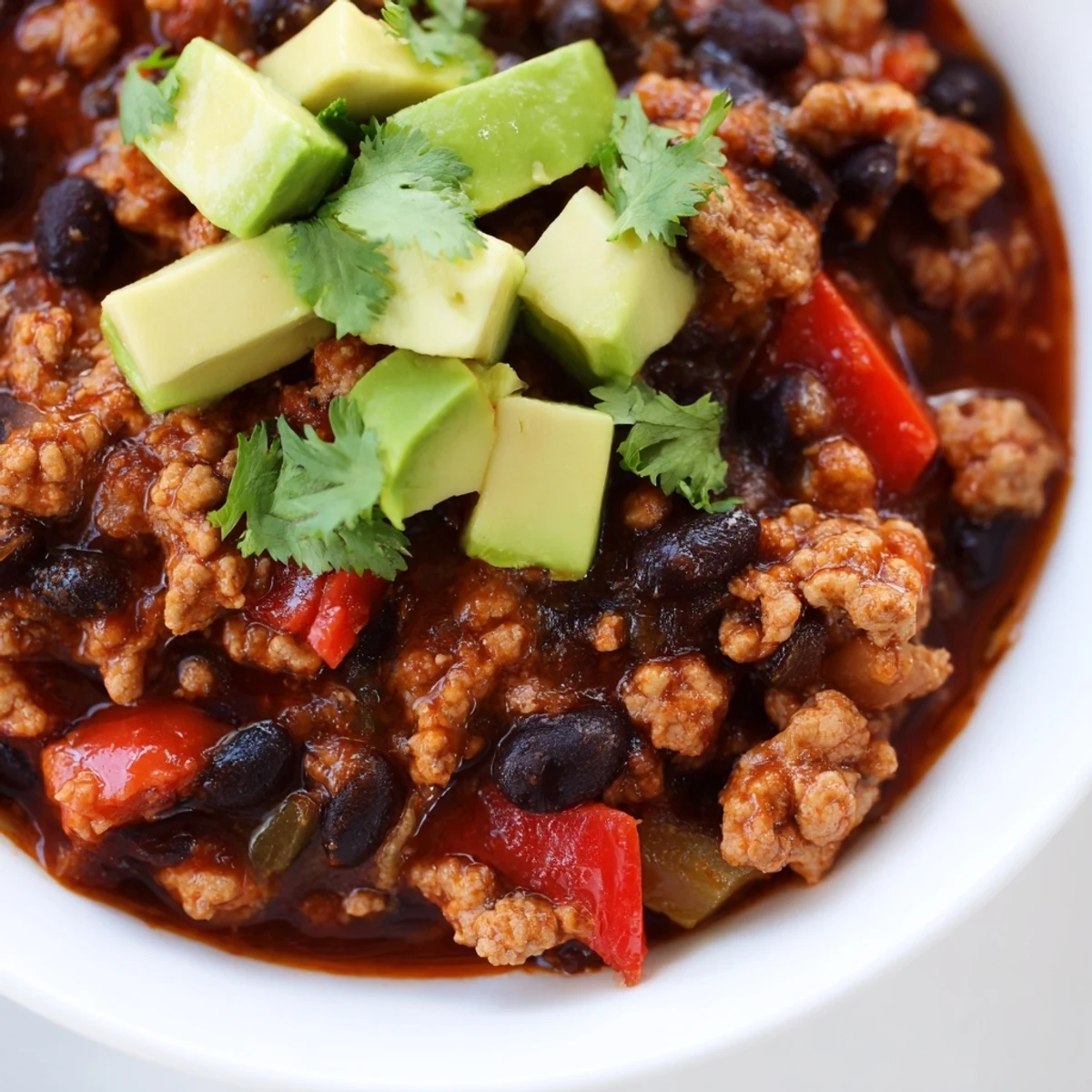 Hearty turkey chili with black beans simmering in a pot, garnished with fresh cilantro and diced avocado.