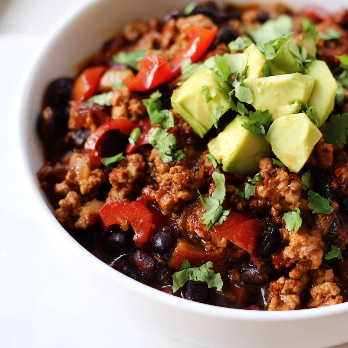 A close-up of turkey chili with black beans, topped with green onions and a lime wedge for serving.
