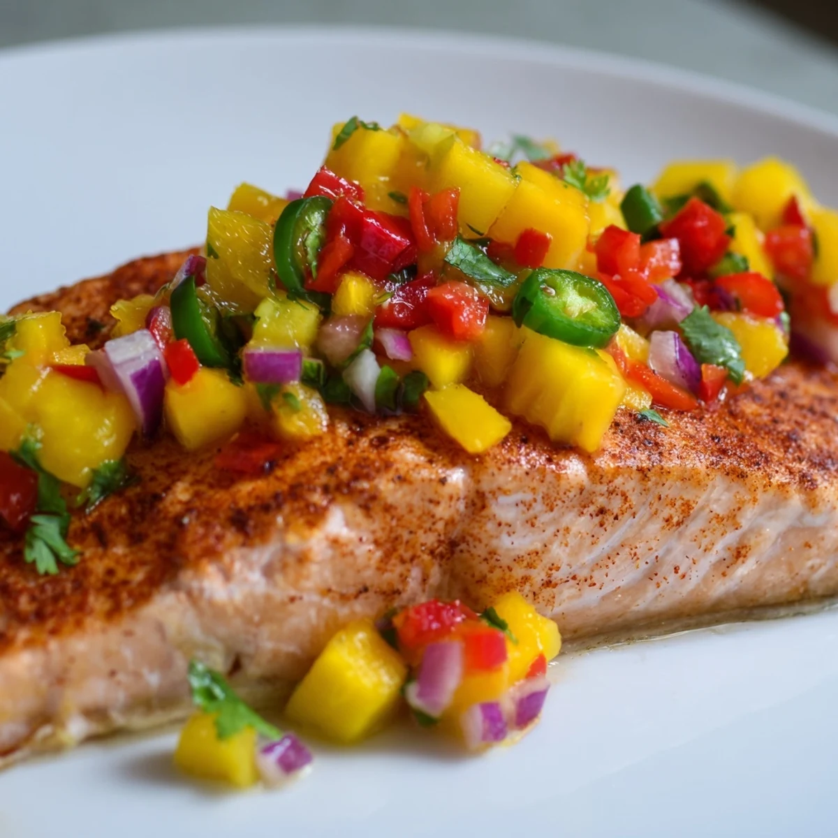 Golden baked salmon fillets topped with a colorful mango salsa and fresh lemon slices on a baking sheet.