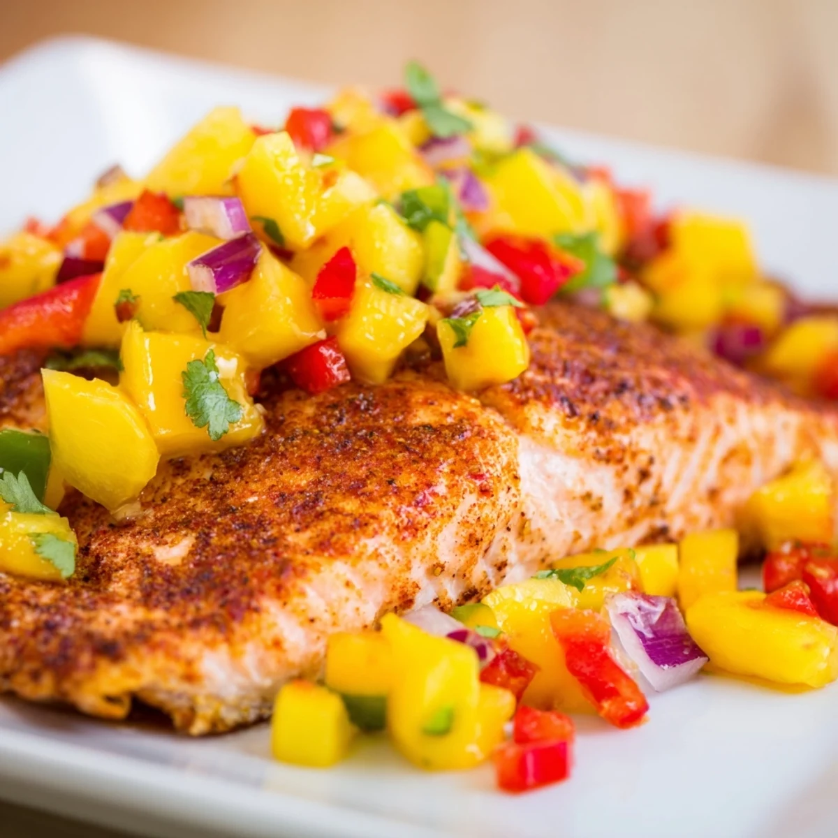 Tender flaky salmon baked to perfection with a vibrant mango salsa garnish ready for dinner.