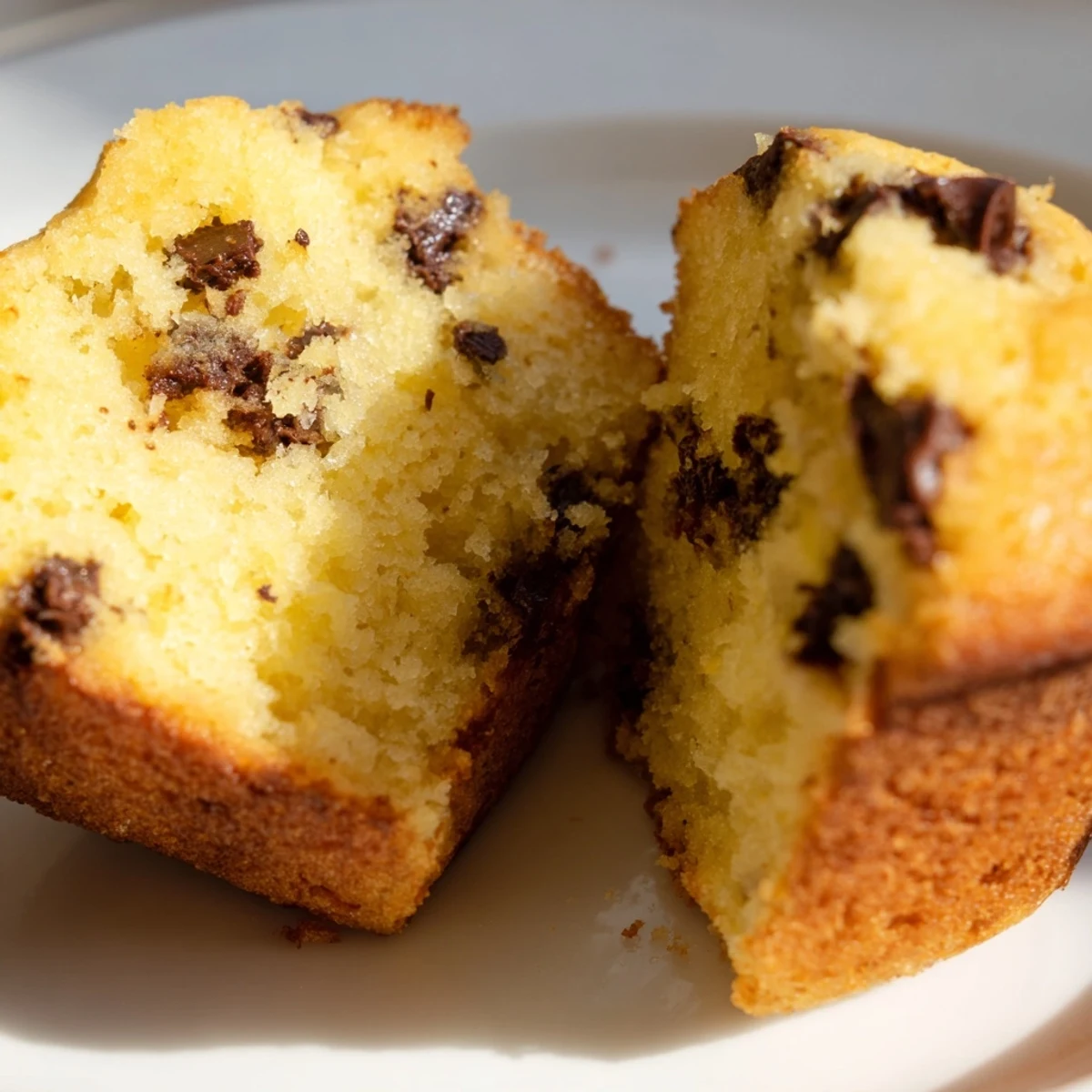 Golden-brown Chocolate Chip Muffins with Vanilla are fresh from the oven, oozing melted chocolate chips on a rustic wooden board.