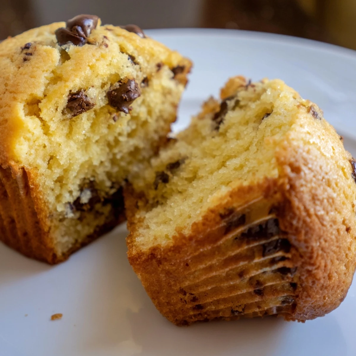 A close-up showcases moist Chocolate Chip Muffins with Vanilla, revealing a fluffy interior studded with rich chocolate chunks.