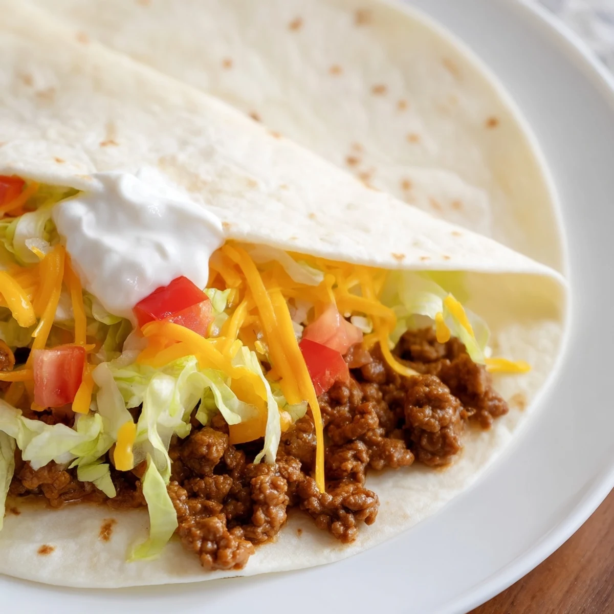 Freshly warmed flour tortillas filled with juicy seasoned ground beef and topped with sour cream and cheddar cheese.