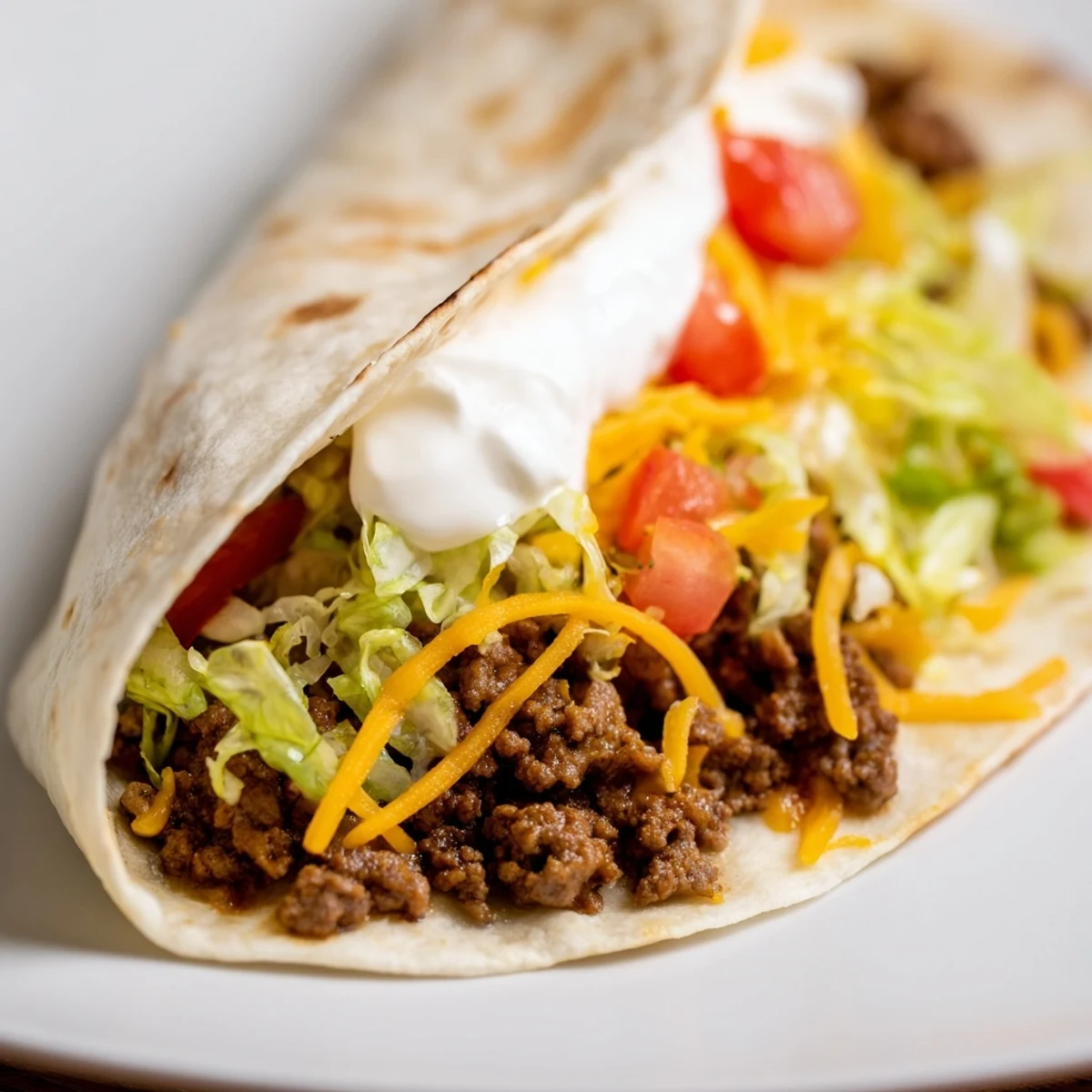 Close-up of saucy Beef Tacos with sour cream and cheese, garnished with cilantro and fresh lime wedges.
