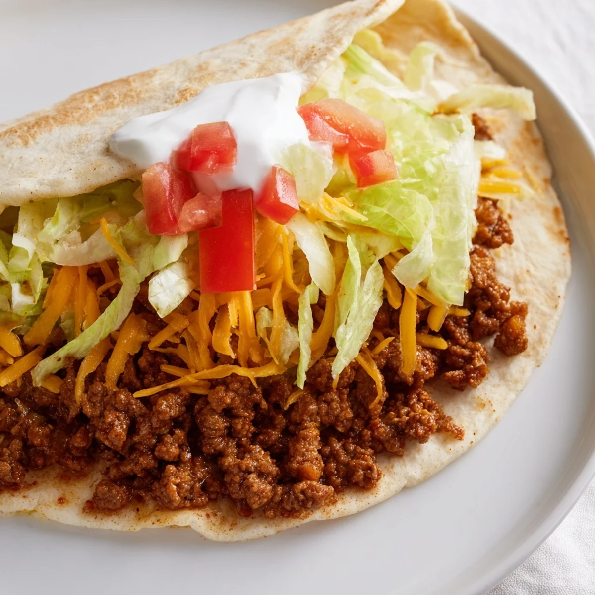 Assembled Beef Tacos with sour cream, shredded lettuce, diced tomatoes, and melty cheese on a wooden board.