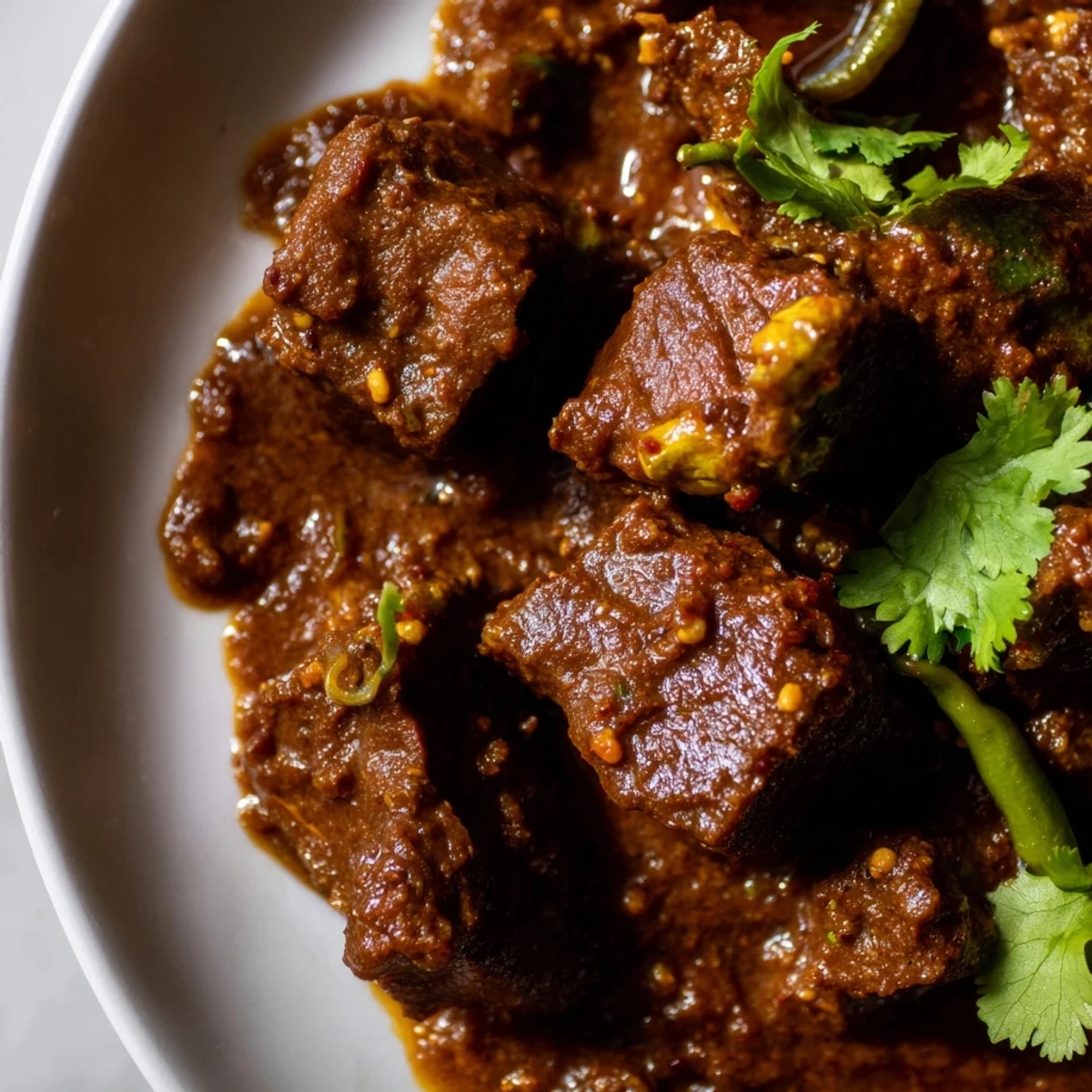 Tender chunks of beef simmered in a rich, aromatic Spicy Beef Curry with Rice, garnished with cilantro and steamed basmati. 