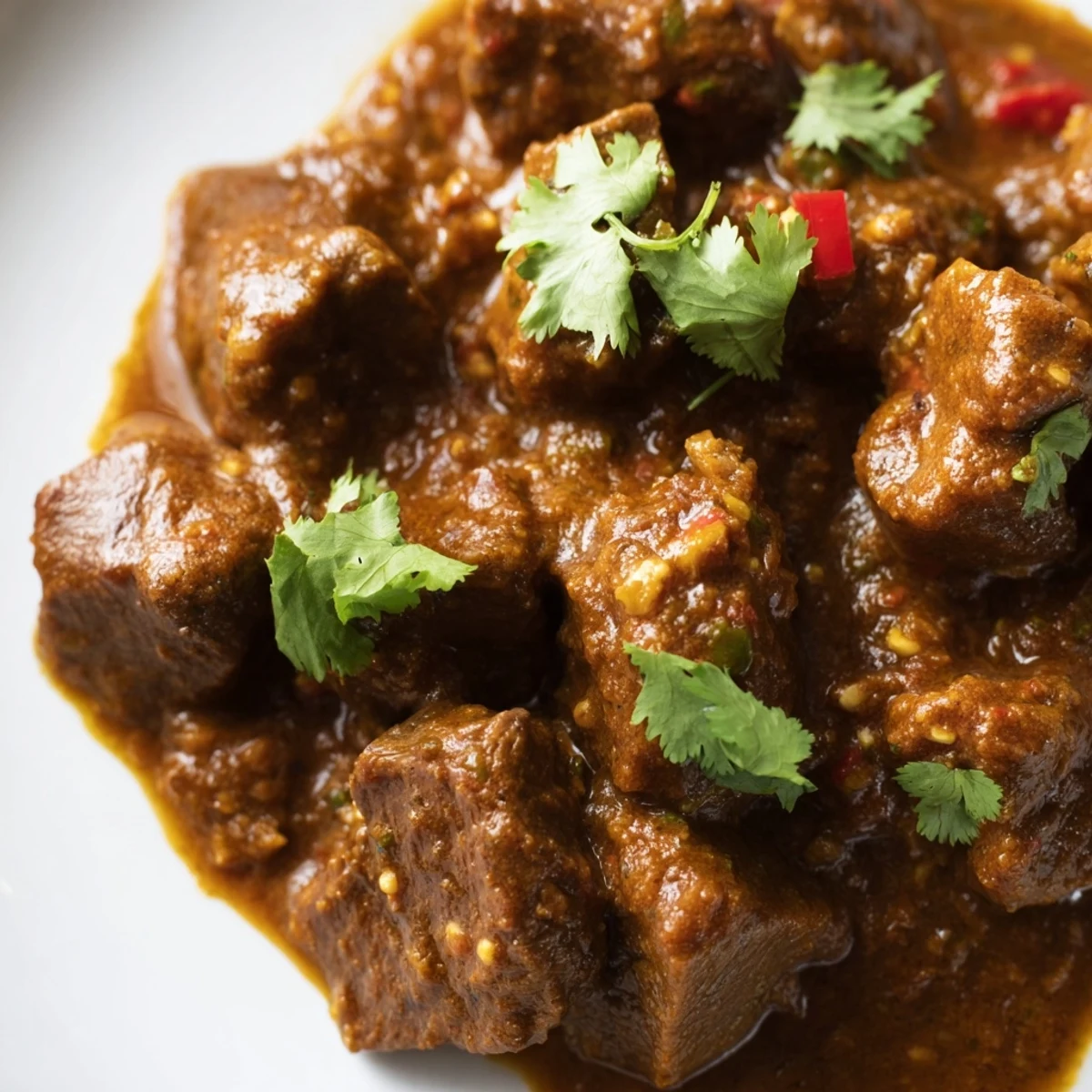 A hearty serving of Spicy Beef Curry with Rice, featuring deep golden sauce, fluffy grains, and vibrant cilantro garnish on top. 