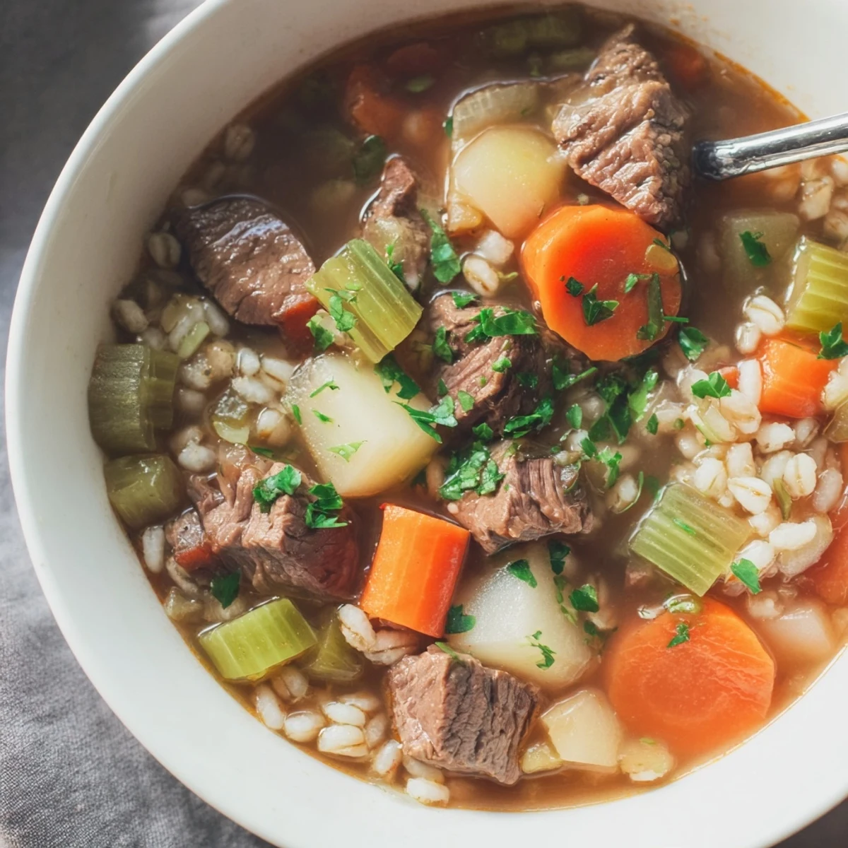 Hearty Beef and Vegetable Barley Stew steams in a rustic bowl, with tender beef chunks, diced potatoes, and bright green beans peeking through the thick broth.
