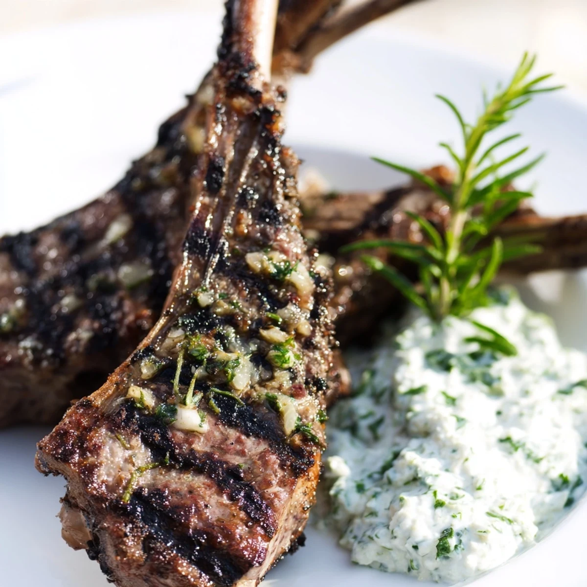 Tender Grilled Lamb Cutlets topped with a dollop of creamy mint yogurt and sprinkled with herbs.
