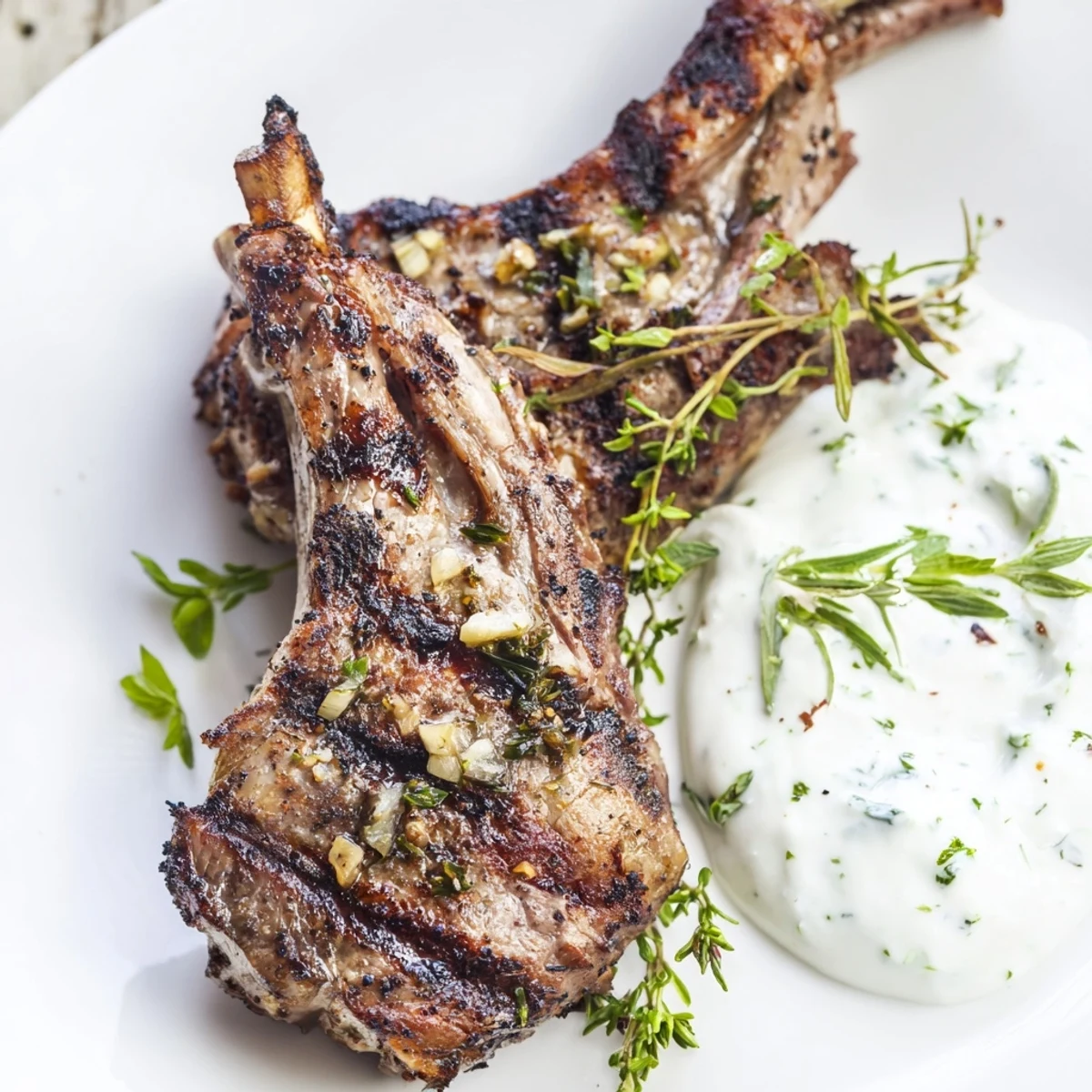 Freshly plated Grilled Lamb Cutlets served with mint yogurt sauce and lemon wedges on a rustic table.