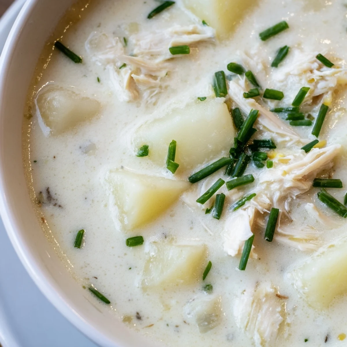 Creamy Potato and Smoked Haddock Soup garnished with fresh chives, served hot in a rustic bowl with a swirl of rich cream.